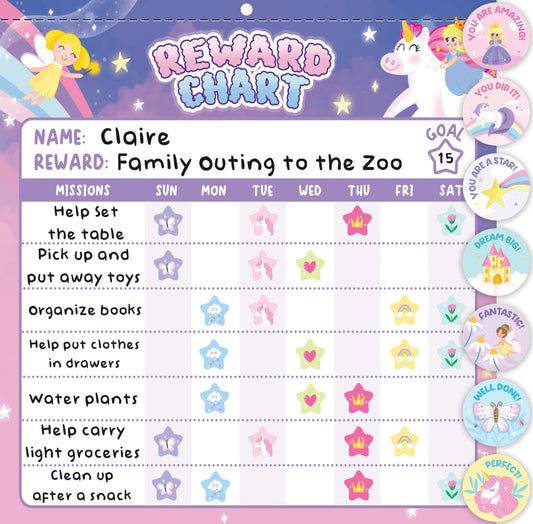 KooKooBaby Reward Chart for Kids - 11.4" x11.2" with 1,920 Mini Stickers,49 Big Motivational Stickers, Behavior Chart for Kids at Home, Magnetic Chore Chart, Chore Chart for Kids (Unicorn & Princess)