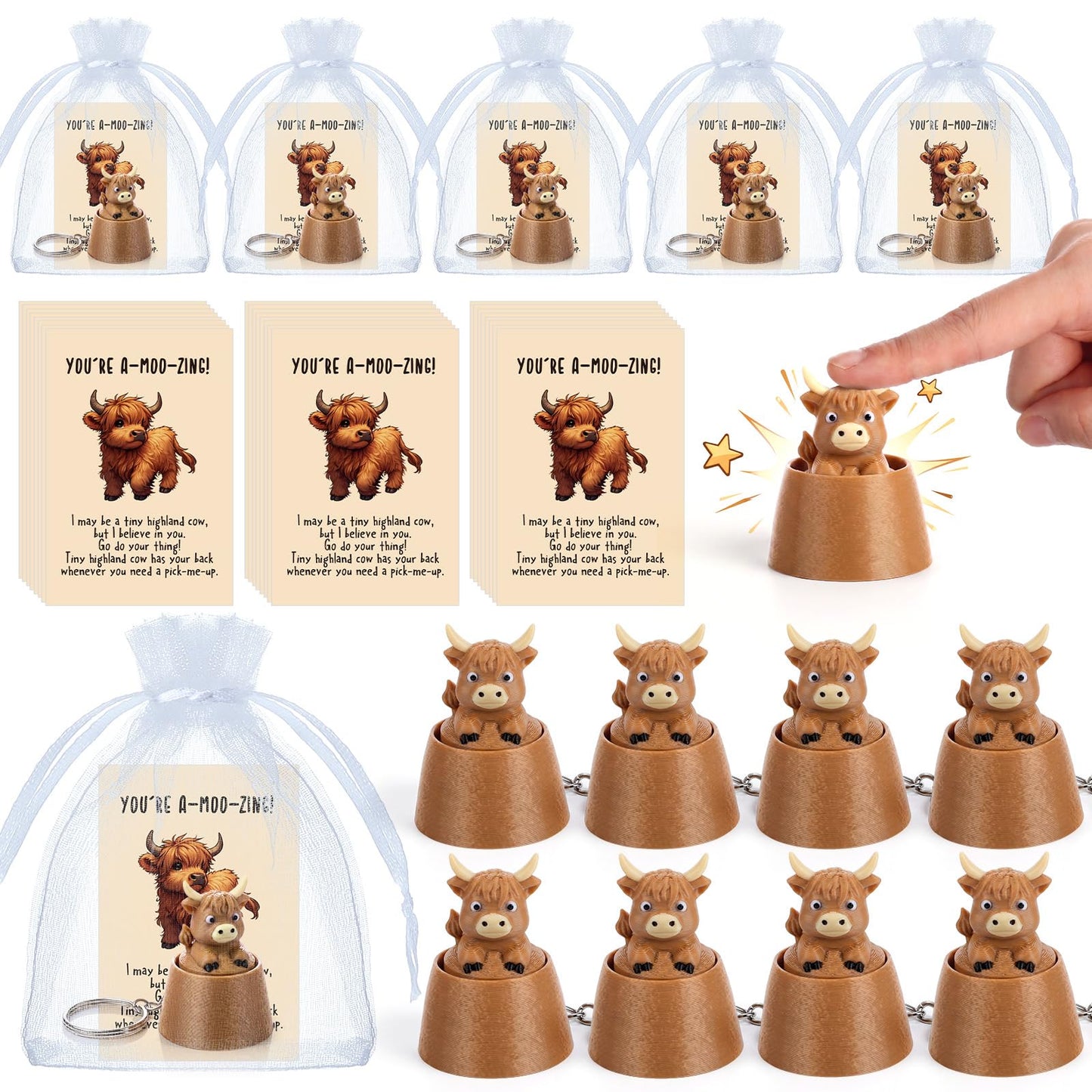 Junkin 24 Sets Highland Cow Clicker Fidget Keychain 3D Printed Clicker Fidget Decompression Button Stress Relief Gifts with Positive Cards for Animal Lovers Graduation Birthday Party Favors Office