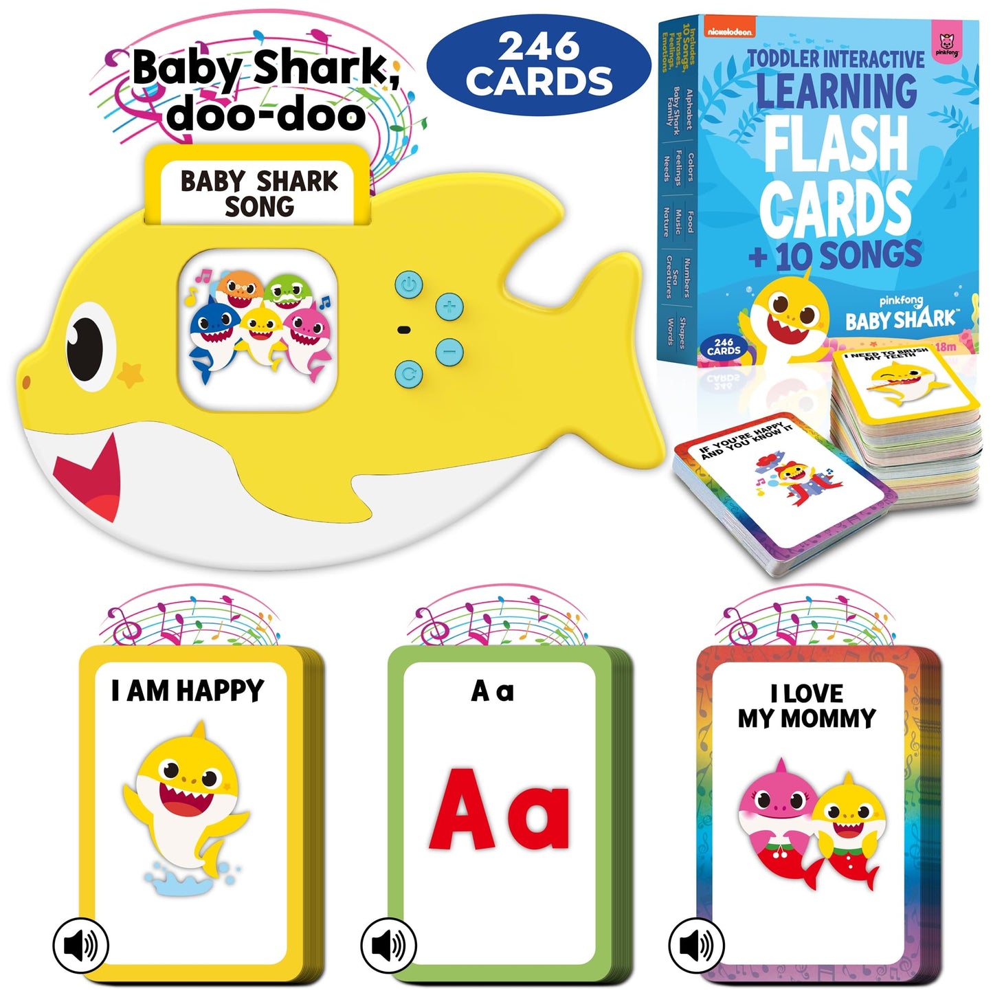 Baby Shark Flash Cards for Toddlers 2-4 Years | Sensory Toys for Autism and Autistic Non-Verbal Kids Ages 2 3 4 5 6 | Speech Therapy Learning Toys with Music, Phrases, ABC, Numbers, Sight Words