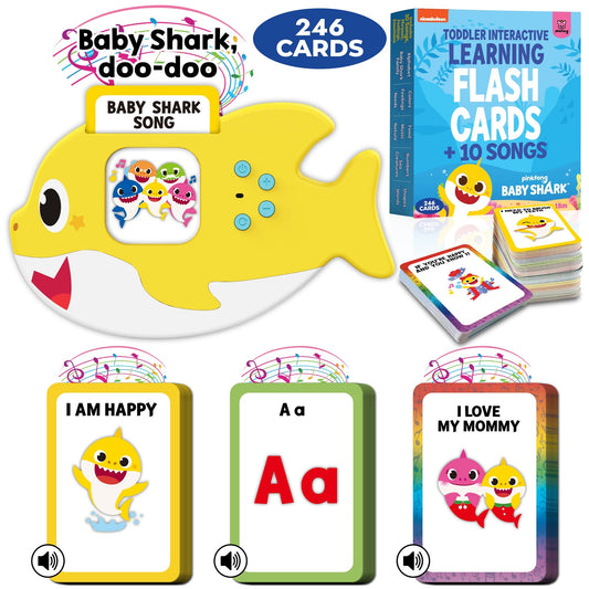 Baby Shark Flash Cards for Toddlers 2-4 Years | Sensory Toys for Autism and Autistic Non-Verbal Kids Ages 2 3 4 5 6 | Speech Therapy Learning Toys with Music, Phrases, ABC, Numbers, Sight Words
