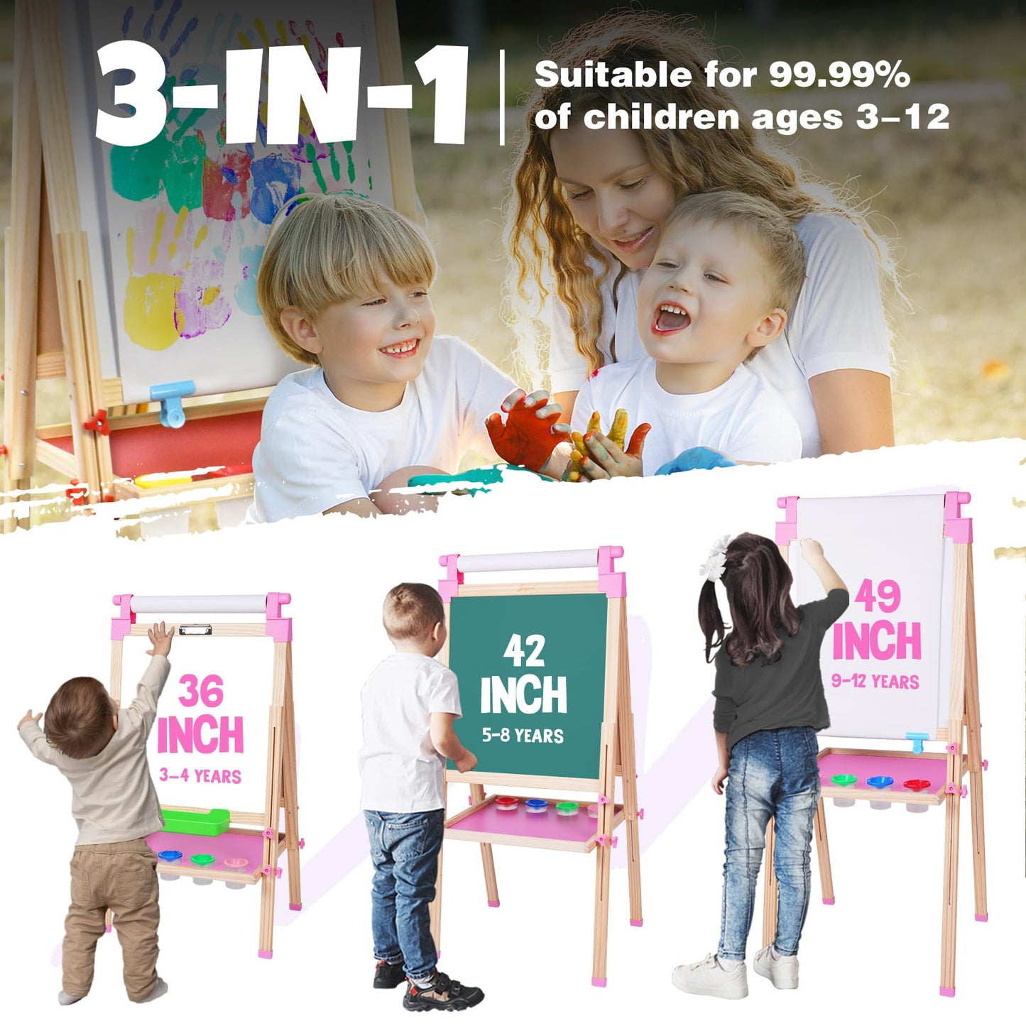 JOYOOSS Easel for Kids Art Easel for Toddlers,Wooden Kid Easel with Paper Roll - Chalkboard for Kids Adjustable Double Sided Kid Dry Erase Board,Outdoor Art Easel Toddler