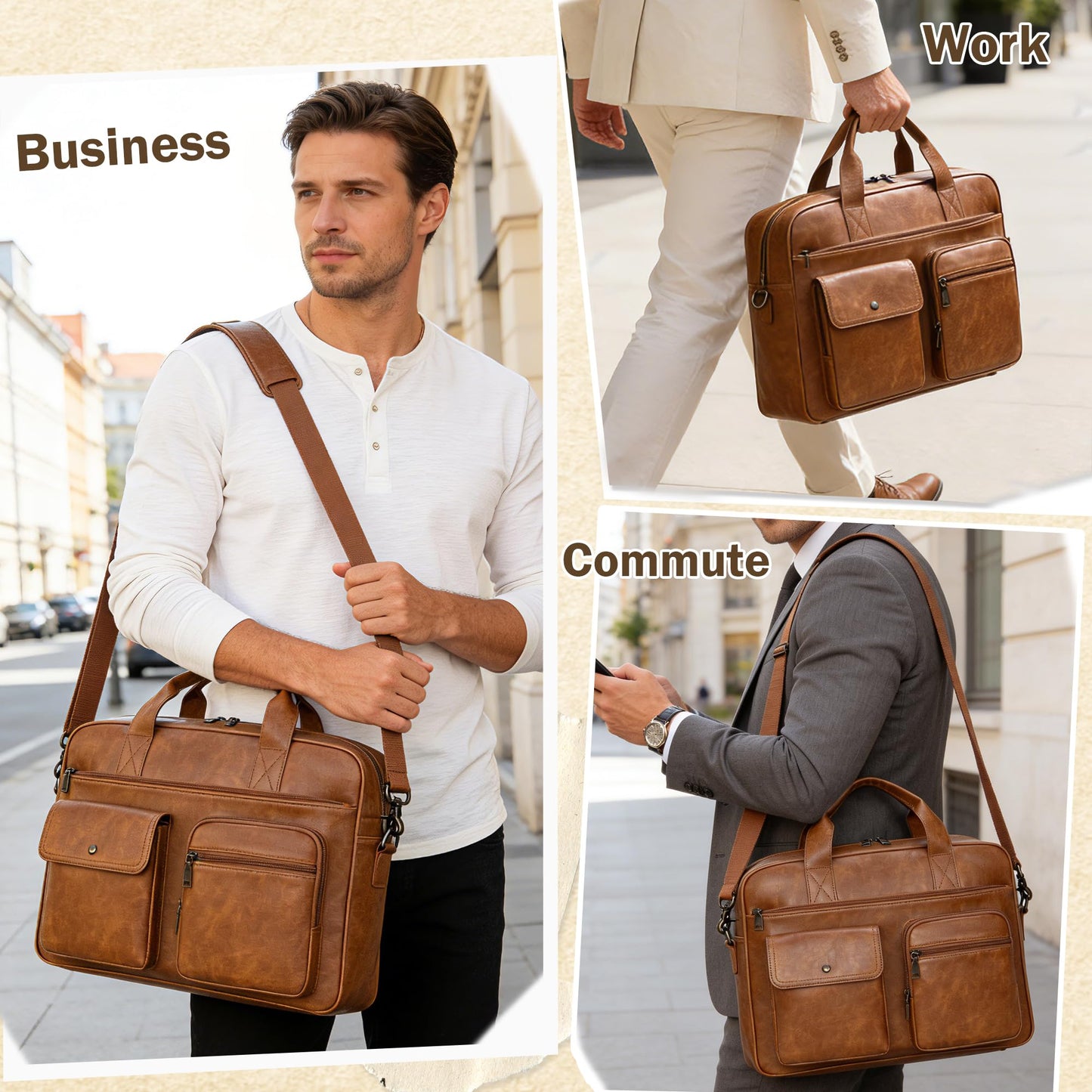 Yuni Sophy Briefcase for Men 15.6 Inch Laptop Messenger Bag Faux Leather Multi-Pocket Business Work Bag Waterproof Office Travel (Brown)