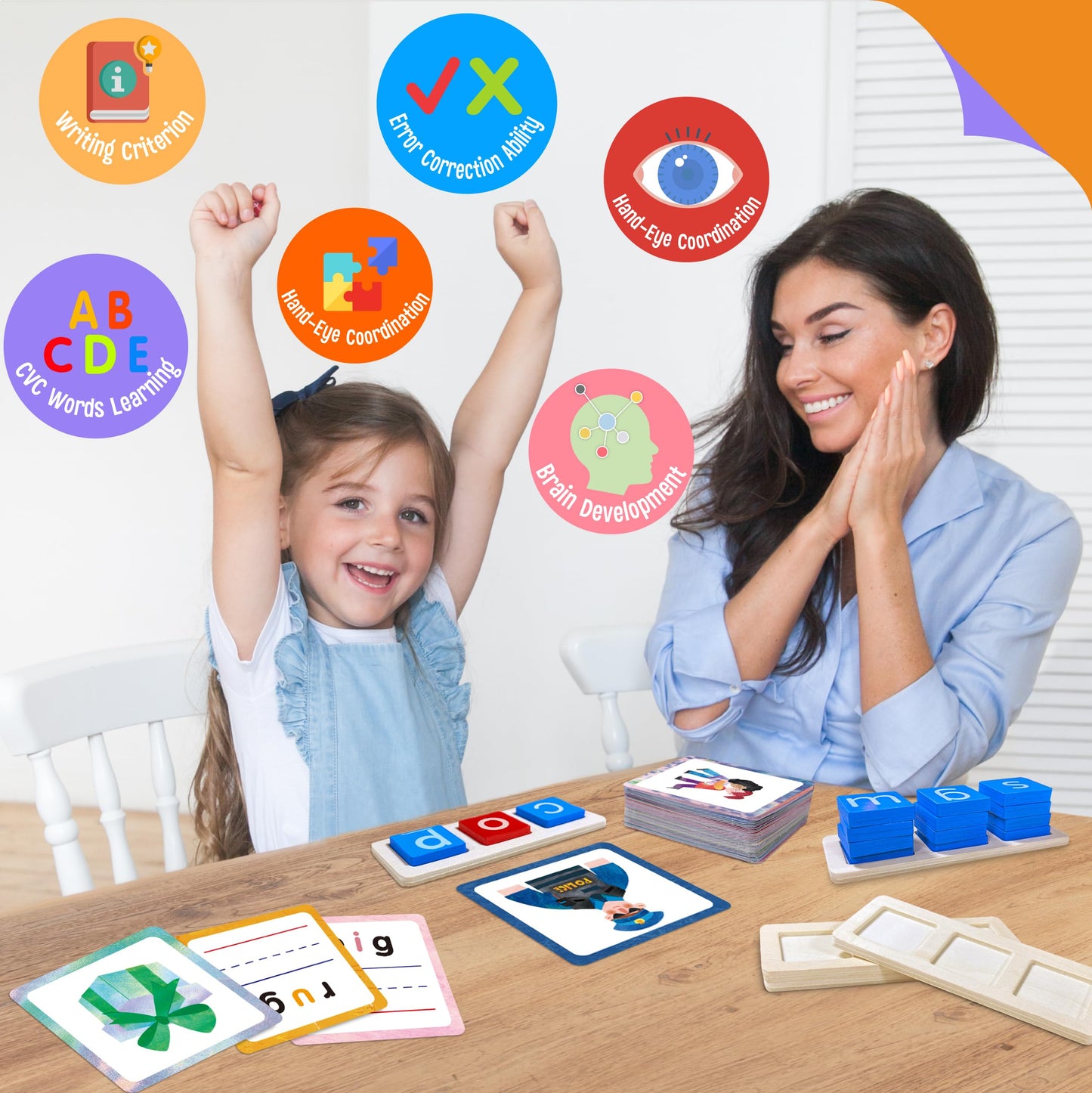 154 PCS Wooden CVC Word Spelling Game, Short Vowel Spelling Flashcards Sight Words Flash Cards Montessori Early Educational Toys for Preschool Kindergarten (5 Dry Erase Marker Included)