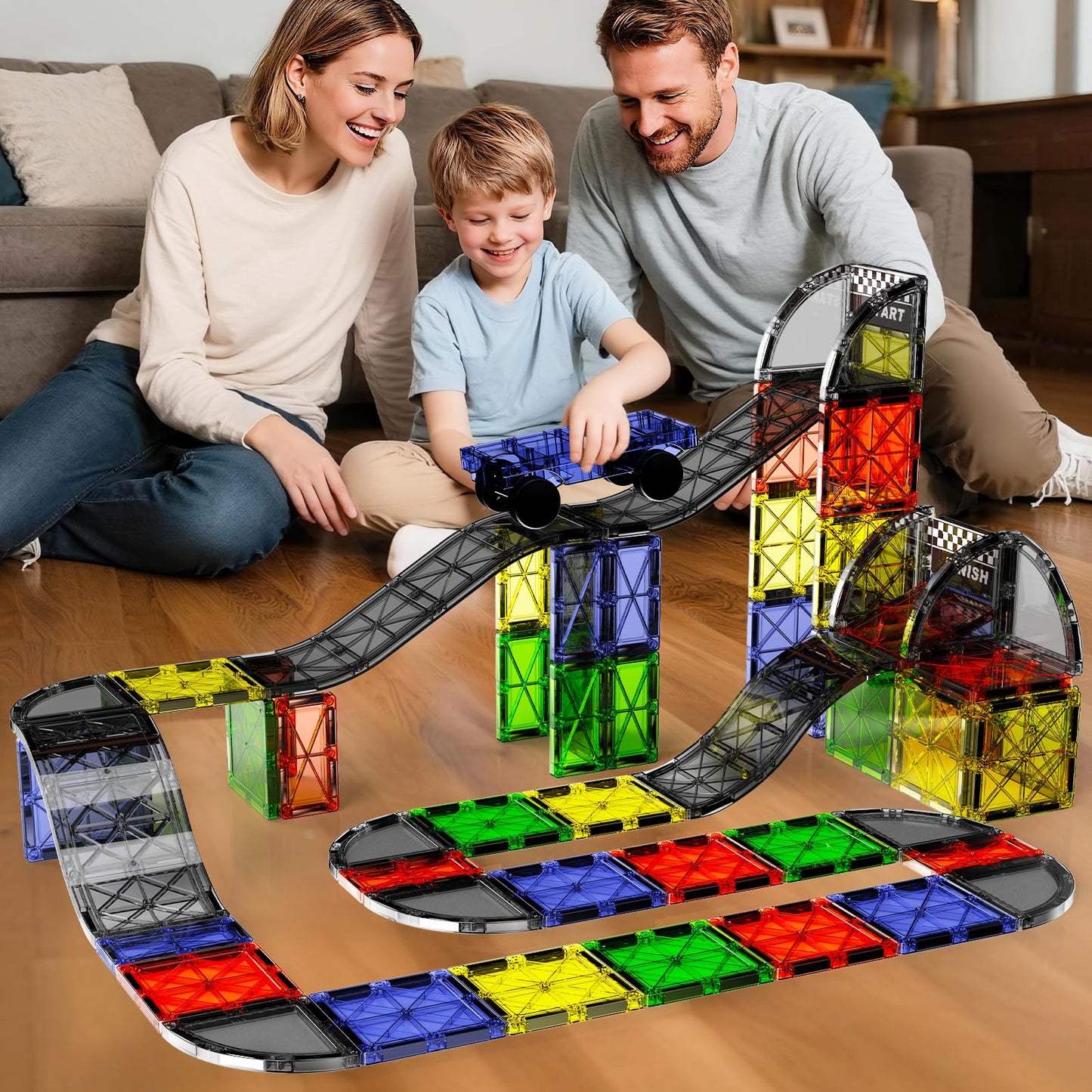 MEIQ Magnetic Downhill Racer Set 40-Piece with Car & Tracks, STEM Magnetic Tiles Building Toys for Kids Ages 3-8, Montessori Learning Toys with Reinforced Slopes & Loop Pieces