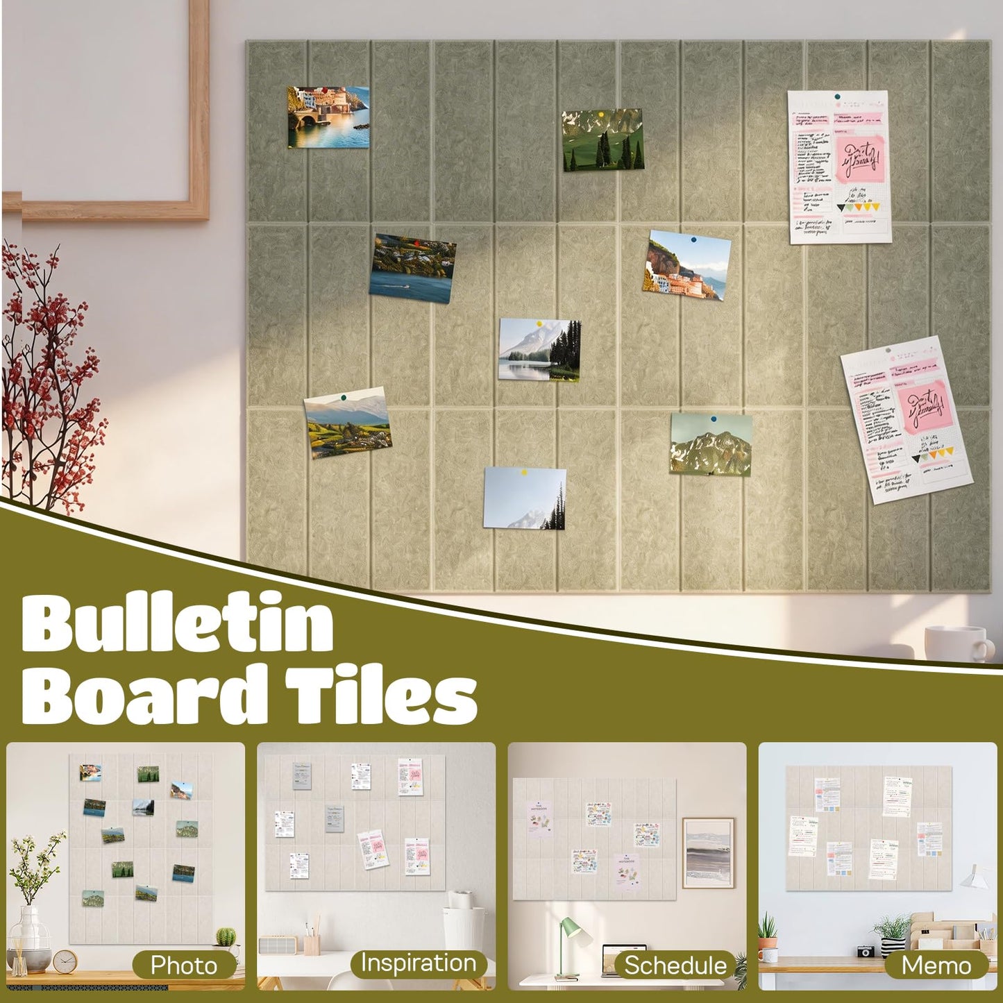 12 Pack Felt Bulletin Board Tiles - Modular Wall Panels (9.45"x9.45" Each), 0.35" Extra Thick Cork Board Alternative with Adhesive Tabs & Push Pins for Office Decor (Sage Green)