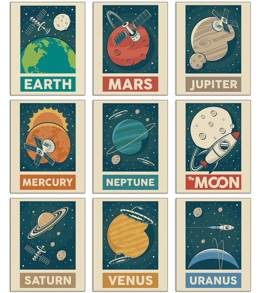 Retro Solar System Planet Wall Art Prints Set of 9, Outer Space Decor For Boys Room, Vintage Space Poster For Bedroom Men, Sci-fi Planet Wall Decor Aesthetic