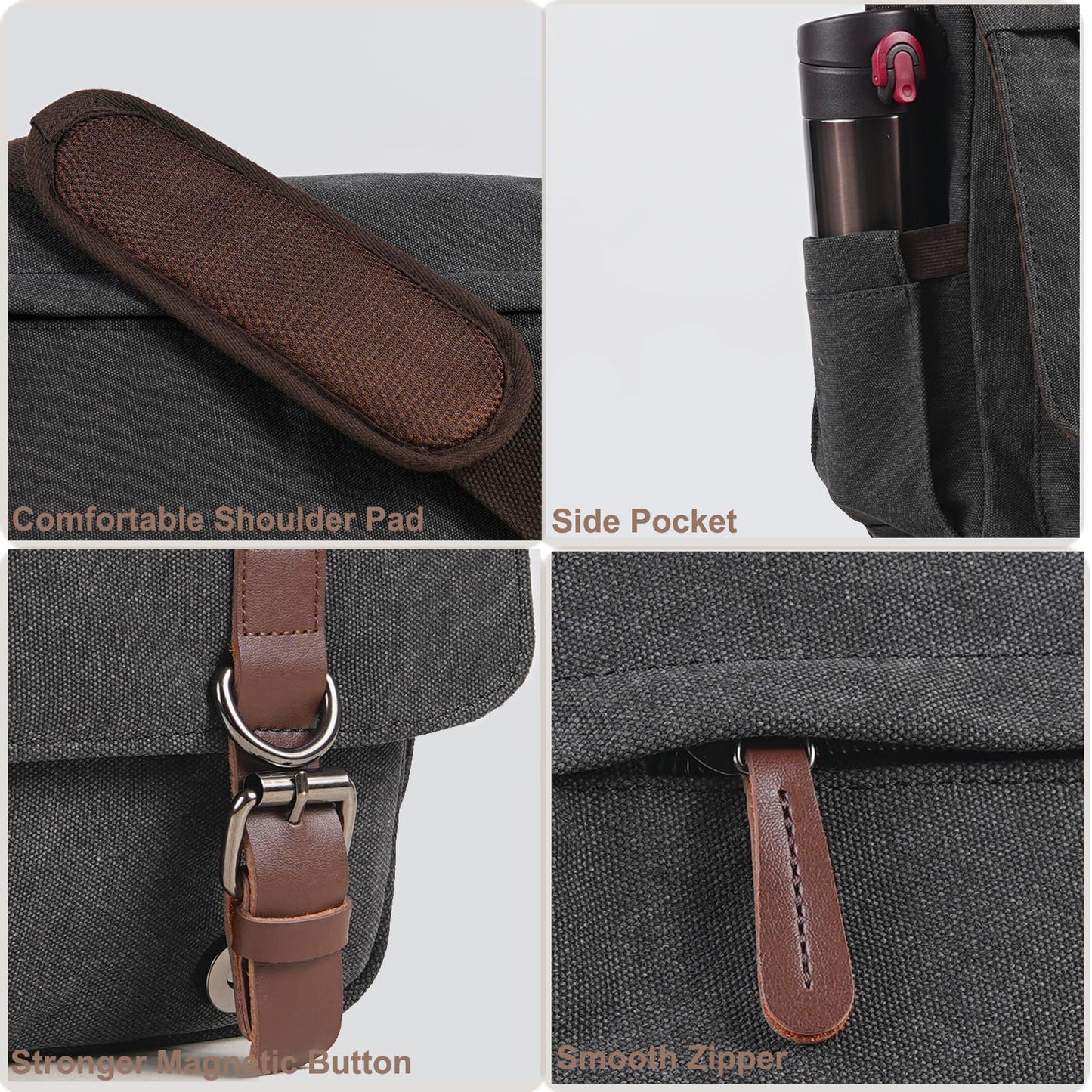 Mactso Vintage Messenger Bag 15.6 Inch Laptop for Men Women, Large Travel Crossbody Shoulder Purse with Luggage Strap,Canvas Briefcase Work Office College (Black-Upgrade)