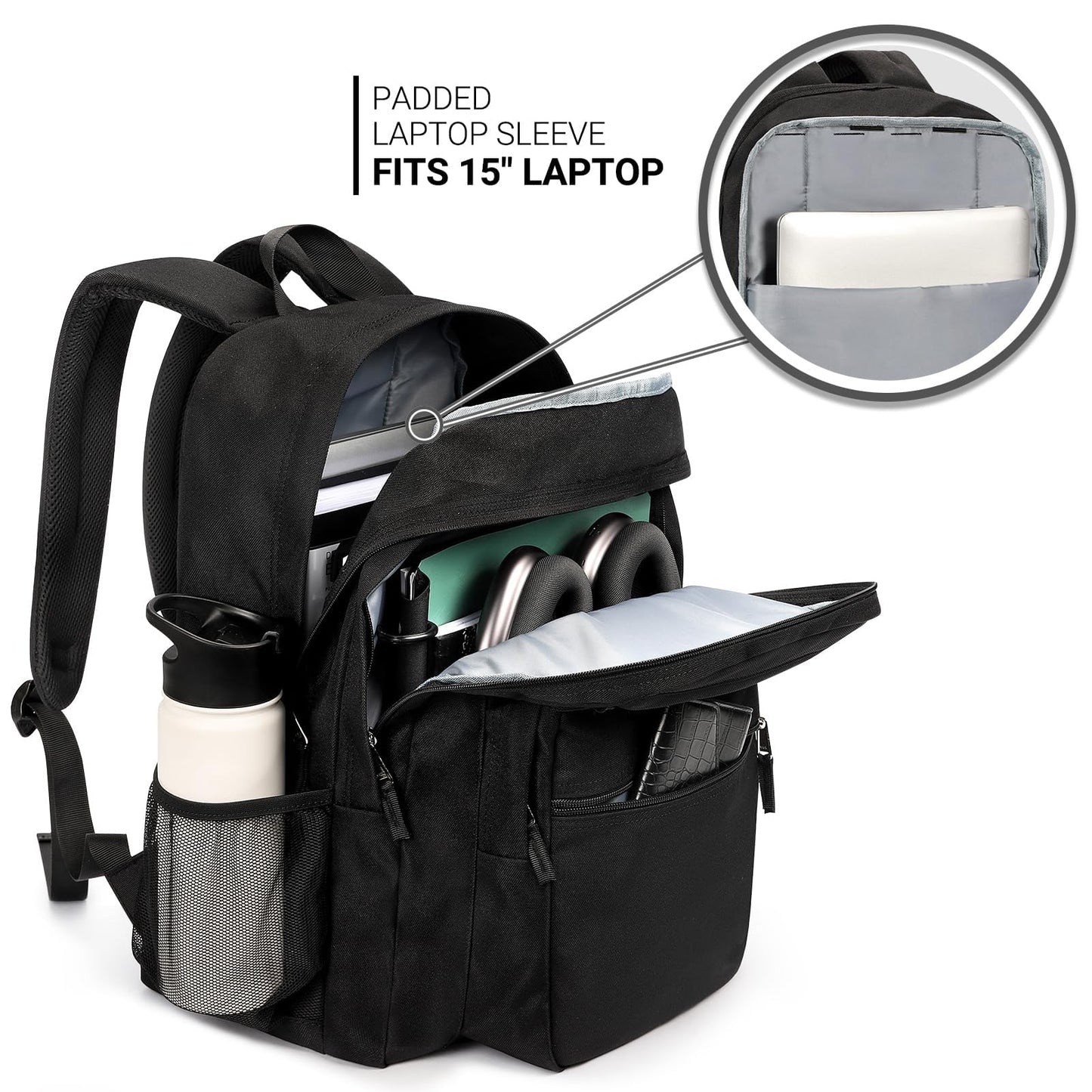 ZORFIN 26L Black Backpack for College, and Travel: Water Resistant Bookbag