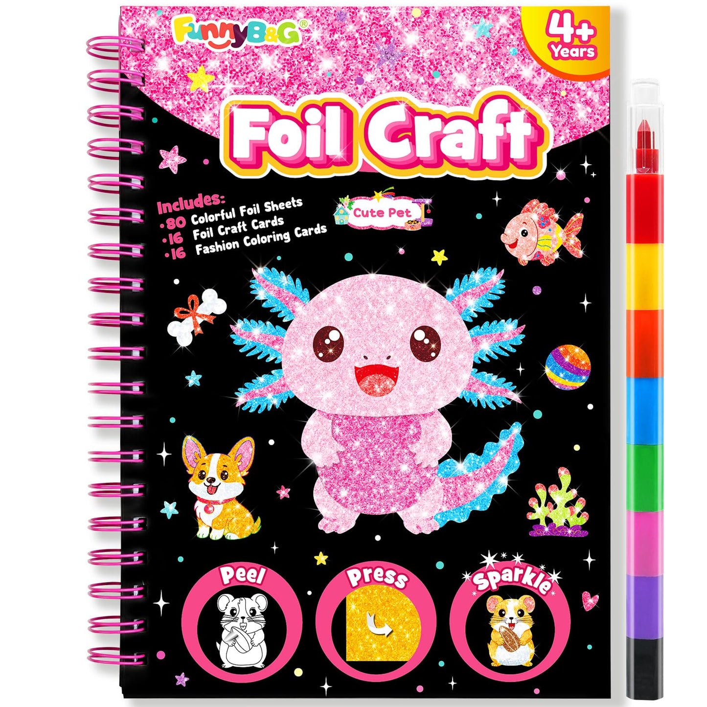 FUNNYB&G Foil Art Craft Kit for Girls 4-10 Years Old: Mess-Free & No-Glue, Create 16 Sparkly Cute Pet Pictures – Perfect Travel Toy & Birthday Gift for Kids（Cute Pet）
