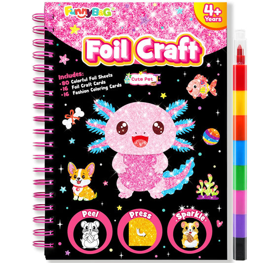 FUNNYB&G Foil Art Craft Kit for Girls 4-10 Years Old: Mess-Free & No-Glue, Create 16 Sparkly Cute Pet Pictures – Perfect Travel Toy & Birthday Gift for Kids（Cute Pet）