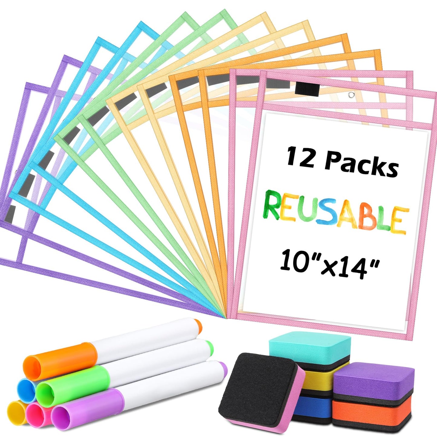24 Pcs Dry Erase Pocket Reusable Sleeves 10" x 14" Clear Plastic Sheet Protectors with Markers and Mini Dry Erasers for Paper(Pastel)