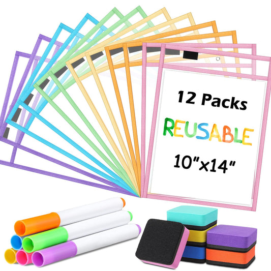 24 Pcs Dry Erase Pocket Reusable Sleeves 10" x 14" Clear Plastic Sheet Protectors with Markers and Mini Dry Erasers for Paper(Pastel)