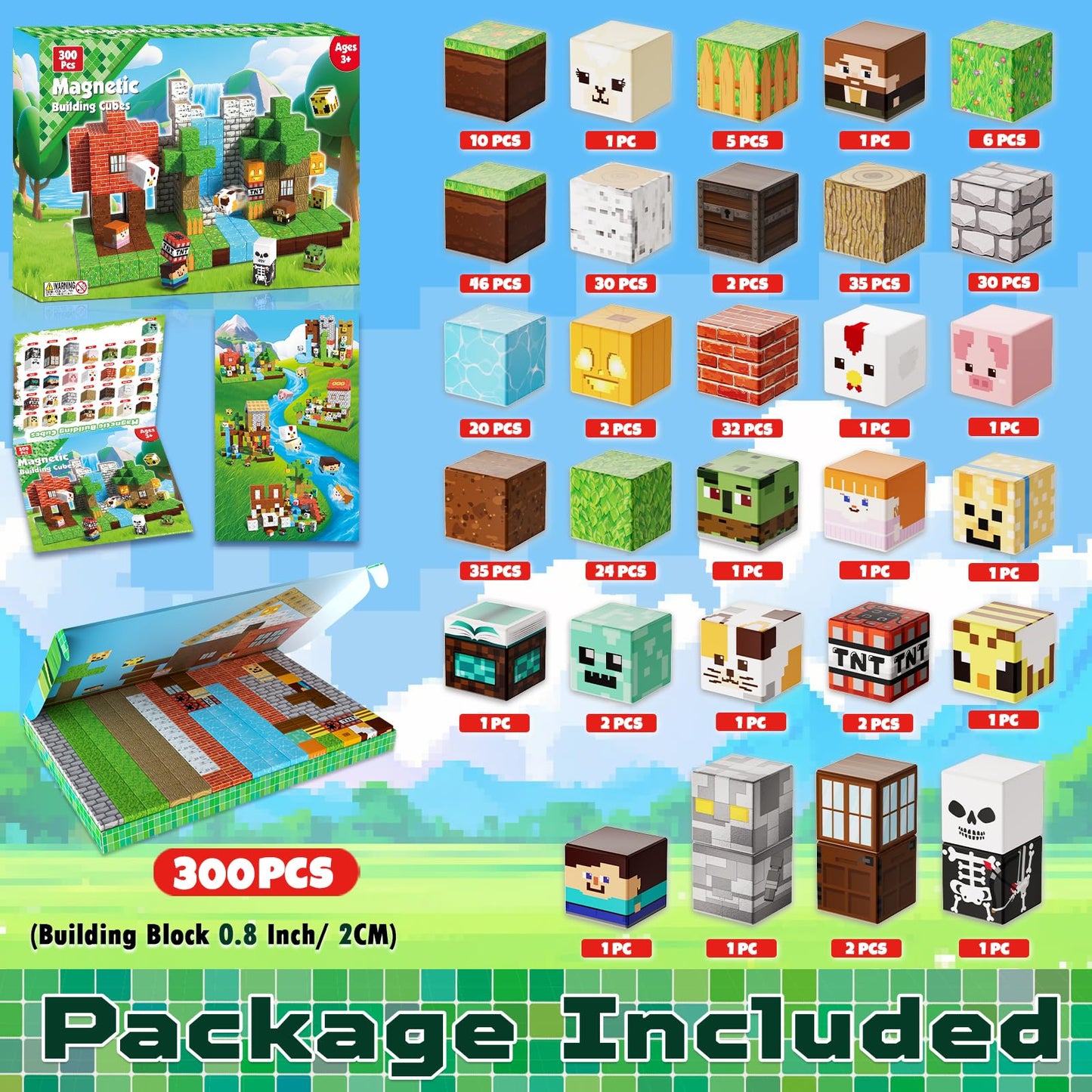 300 PCS Magnetic Blocks - Magnetic Building Blocks Cubes, Magnet Toys for Kids Age 3+, Toy Building Set for Kids, Magnets Stacking Construction Easter Birthday Gifts for Boys Girls Age 4-8, 8-12