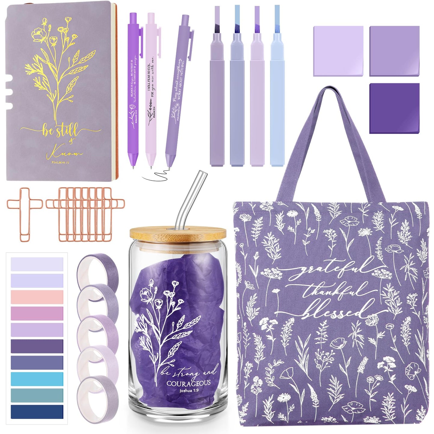 Singhoow 29 Pcs Bible Journaling Supplies Kit 16 oz Glass Cup Canvas Bag Leather Notebook Highlighters Pens Sticky Note Tapes Bible Study Supplies for Women Sunday School Teacher(Boho, Purple)