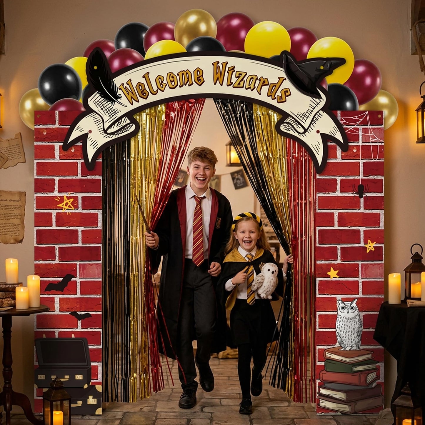 JewGewenil Wizard School Theme Party Banners - 25Pcs Black Red Gold Foil Fringe Backdrop Curtains and Balloon Decoration Set, Magic Inspired Design for Classroom Birthday Photo Booth (Welcome Wizard)