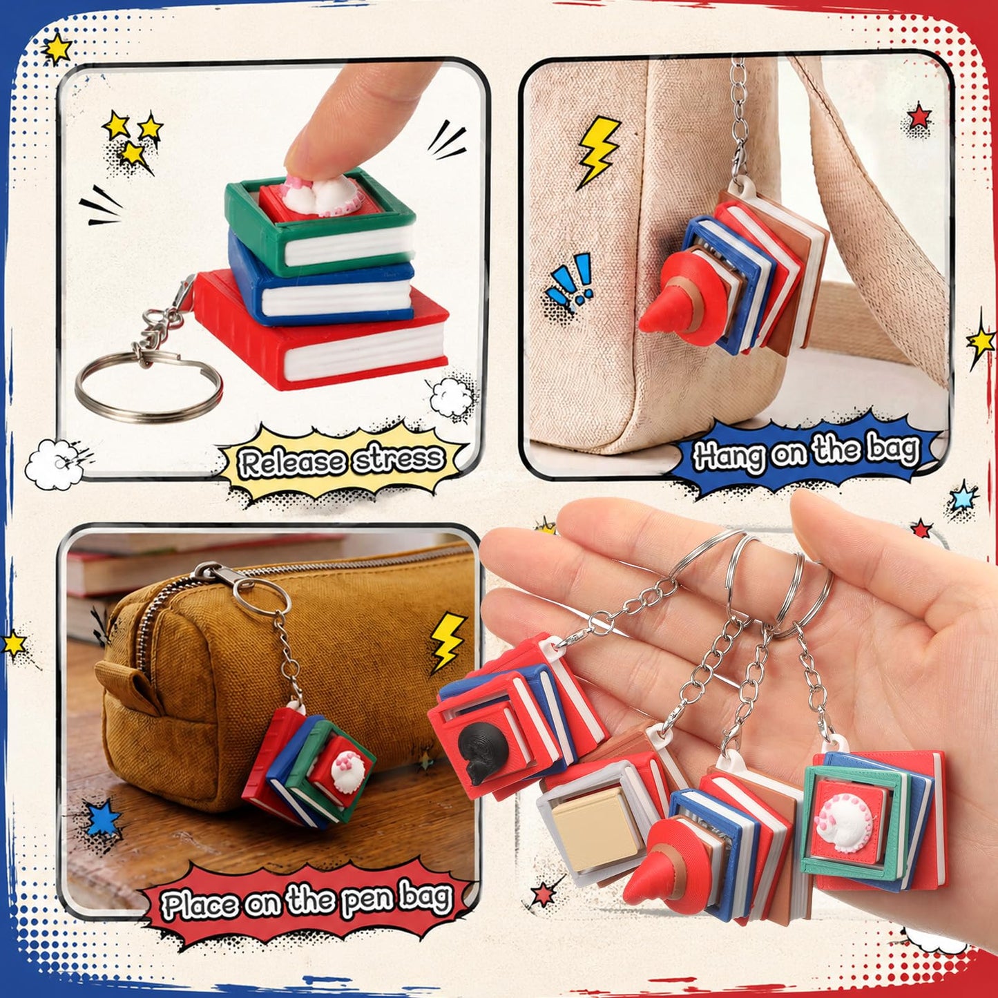 Kenning 12 Pcs Book Clicker Fidget Keychain 3D Sensory Clicker Decompression Button Stress Relief Teachers Appreciation Gifts for Book Lover Bookworm Adults Graduation Office Party Favors