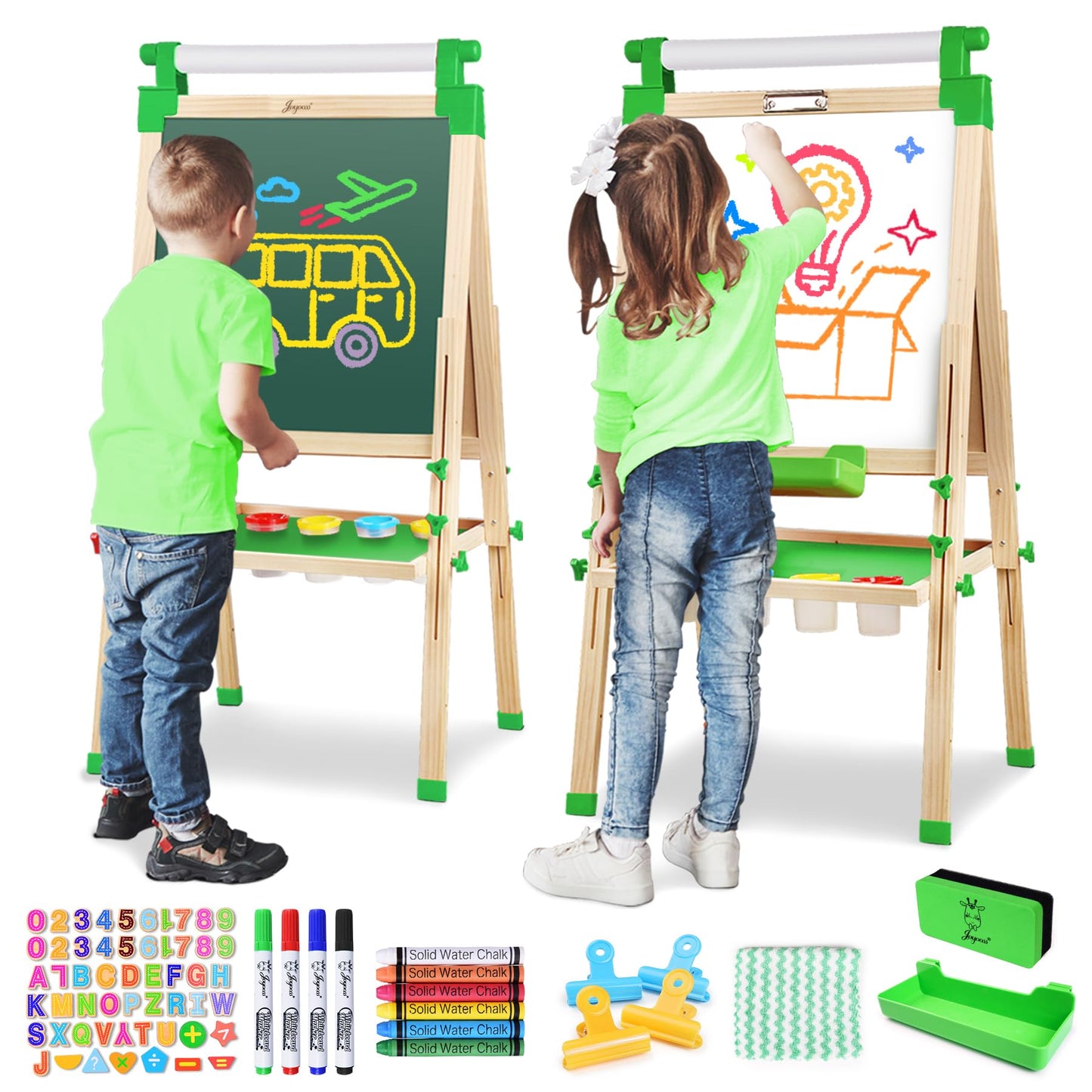 JOYOOSS Easel for Kids - Adjustable Wooden Art Easel with Paper Roll,Magnetic Double Sided Dry Erase Board,Outdoor Easel for Toddlers,Green