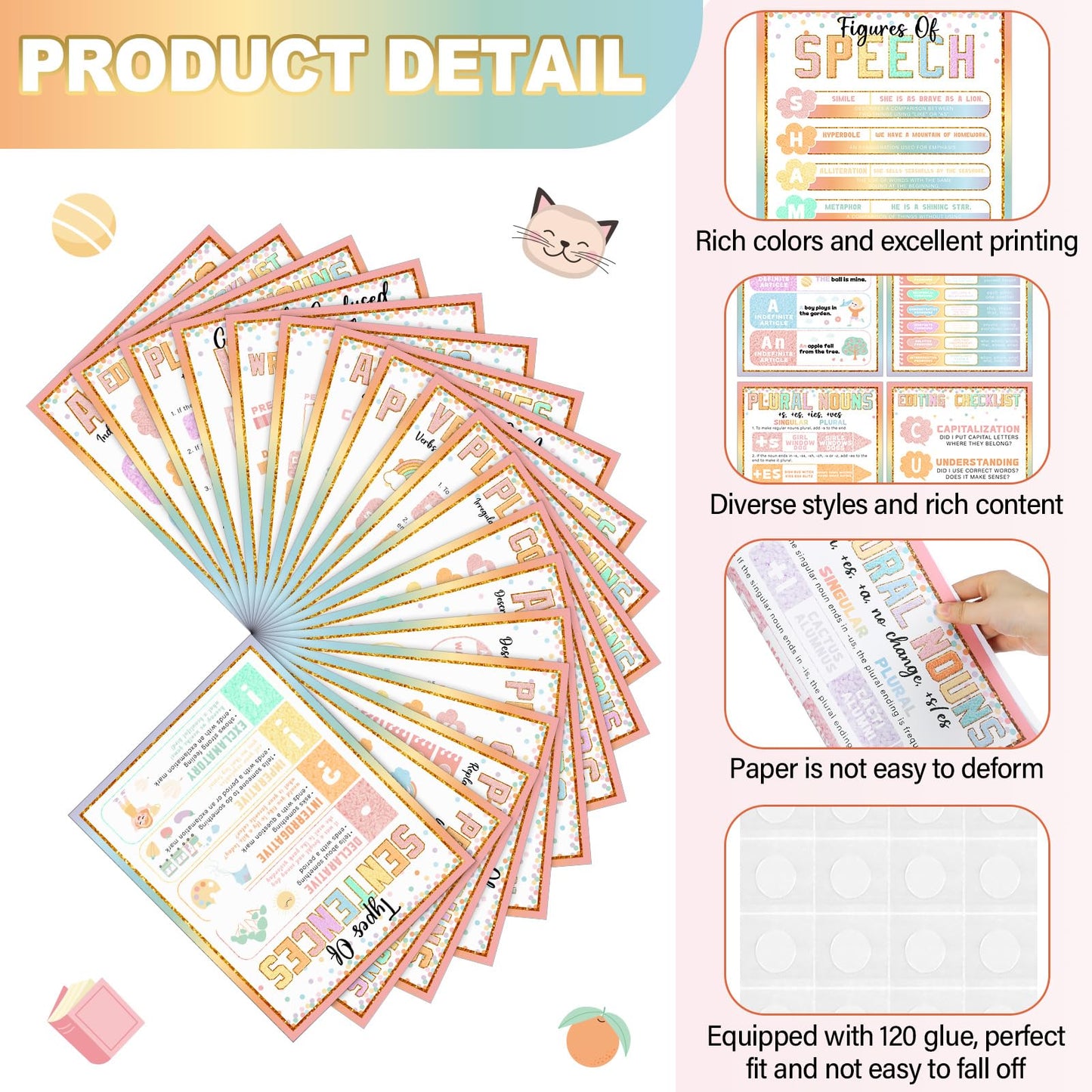Humyoun 20 Pcs Parts of Speech Poster for Elementary Classroom Grammar Poster Educational English Class Must Have for Elementary Middle School Classroom Decor, 14x11 Inch(Pastel,Patch)