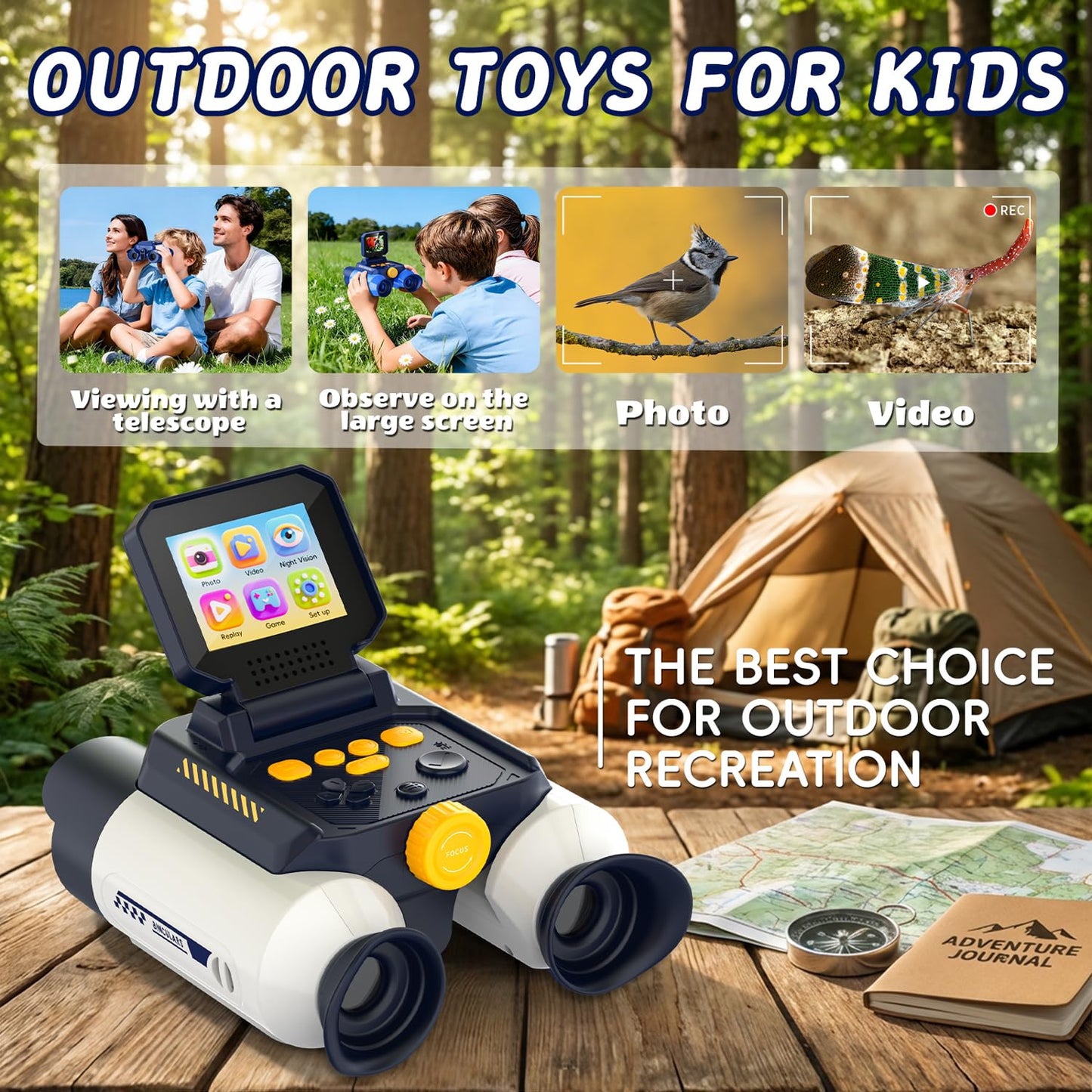 Ahalfcit Binoculars for Kids with Night Vision, 2.4" HD Screen & 10X Zoom for Photo and Video - Outdoor Adventure Binoculars Bird Watching, Camping, Hiking, Gifts for Kids Ages 4+ (White)