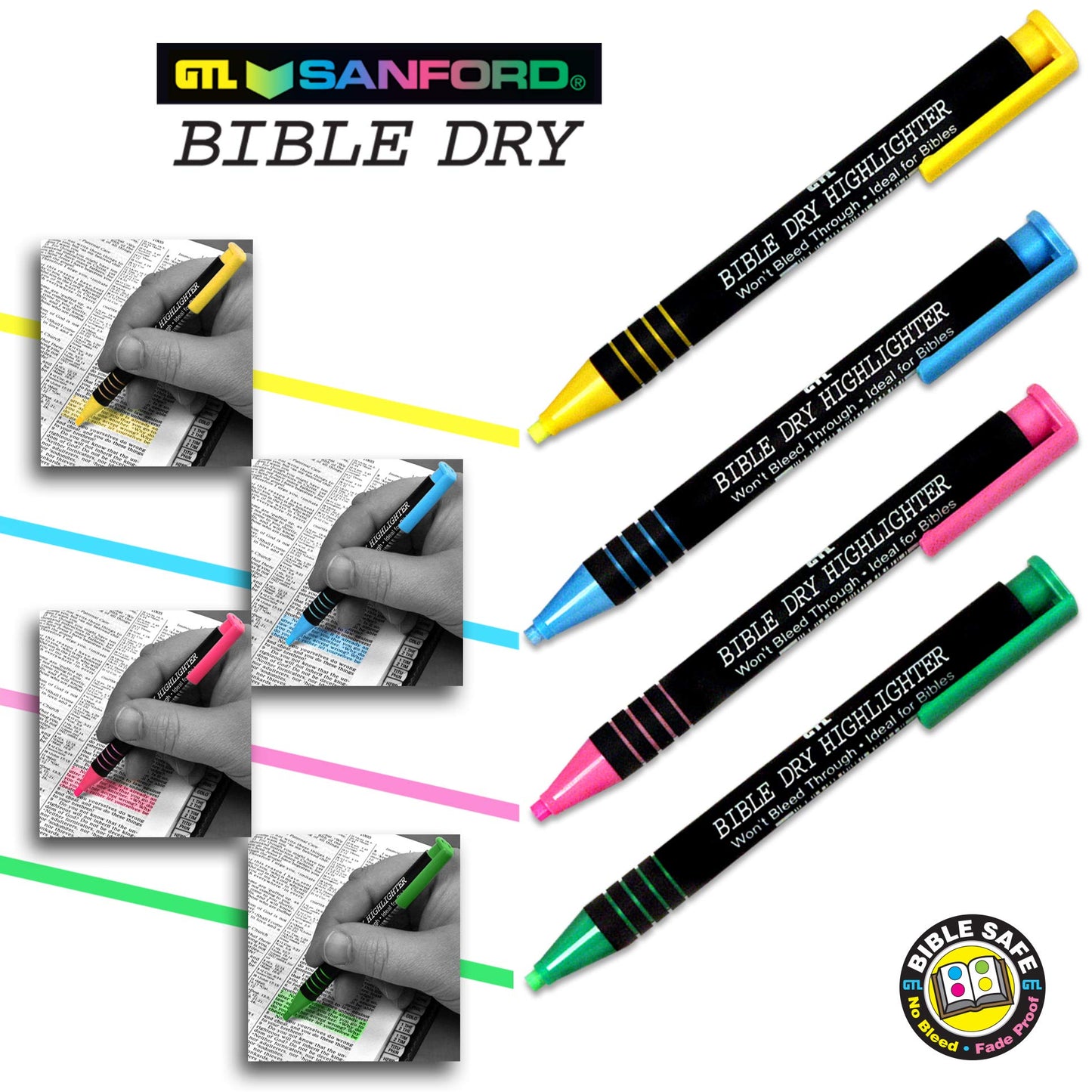 G.T. Luscombe Company, Inc. Bible Dry Highlighting Kit | No Bleed Eco-Friendly Refillable Dry Highlighters | No Sharpening | No Smearing or Fading | Yellow, Blue, Pink, Green (Set of 4)