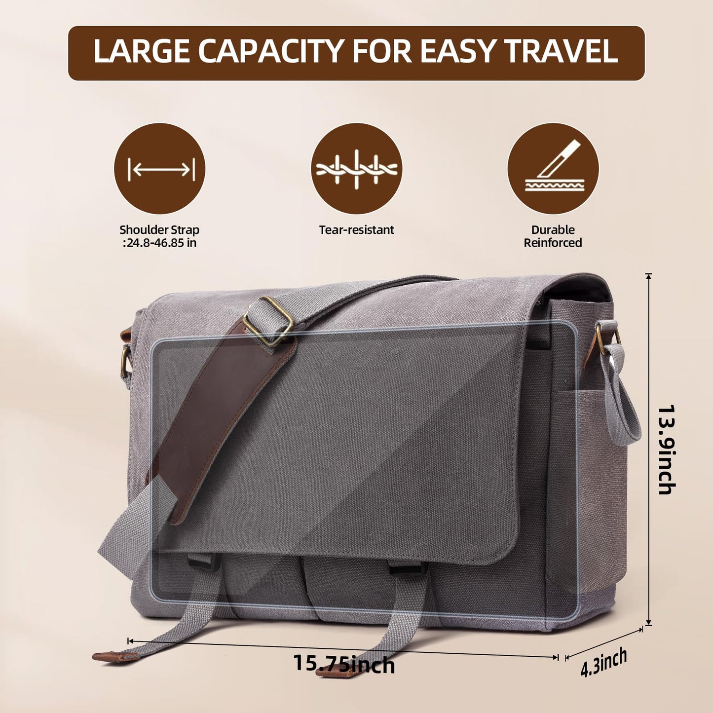 Messenger Bag for men Laptop Bag UnisexRetro Canvas Bag14-15.6 inches Casual single shoulder bag For Work College Travel (grey)