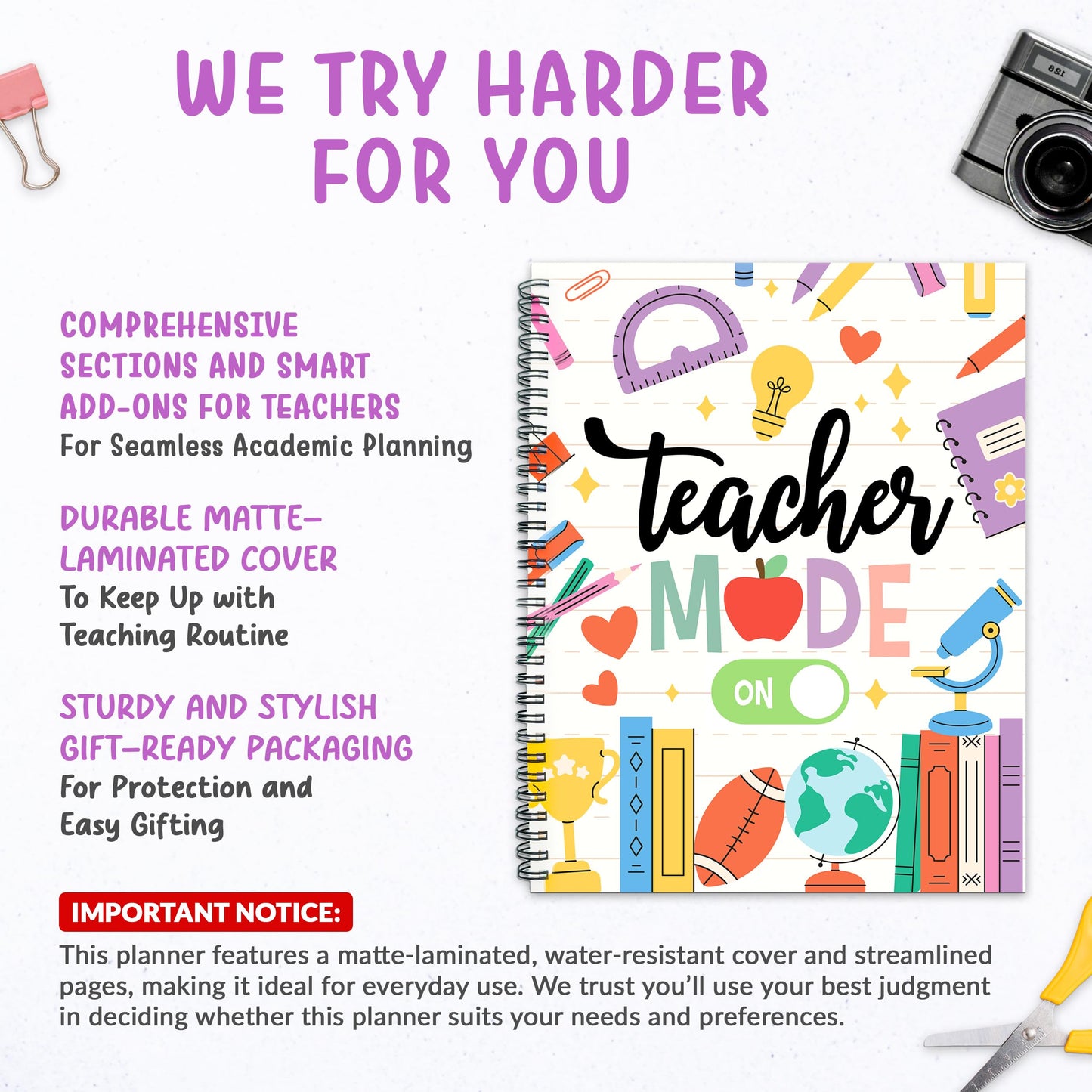 Decorably 12 Months Weekly and Monthly Undated Teacher Planner, 8.5x11inch Spring-Bound with Contacts, Schedule Page, Bookmark & Stickers for Plan Logs, & Classroom Planning, Academic Year Notebook