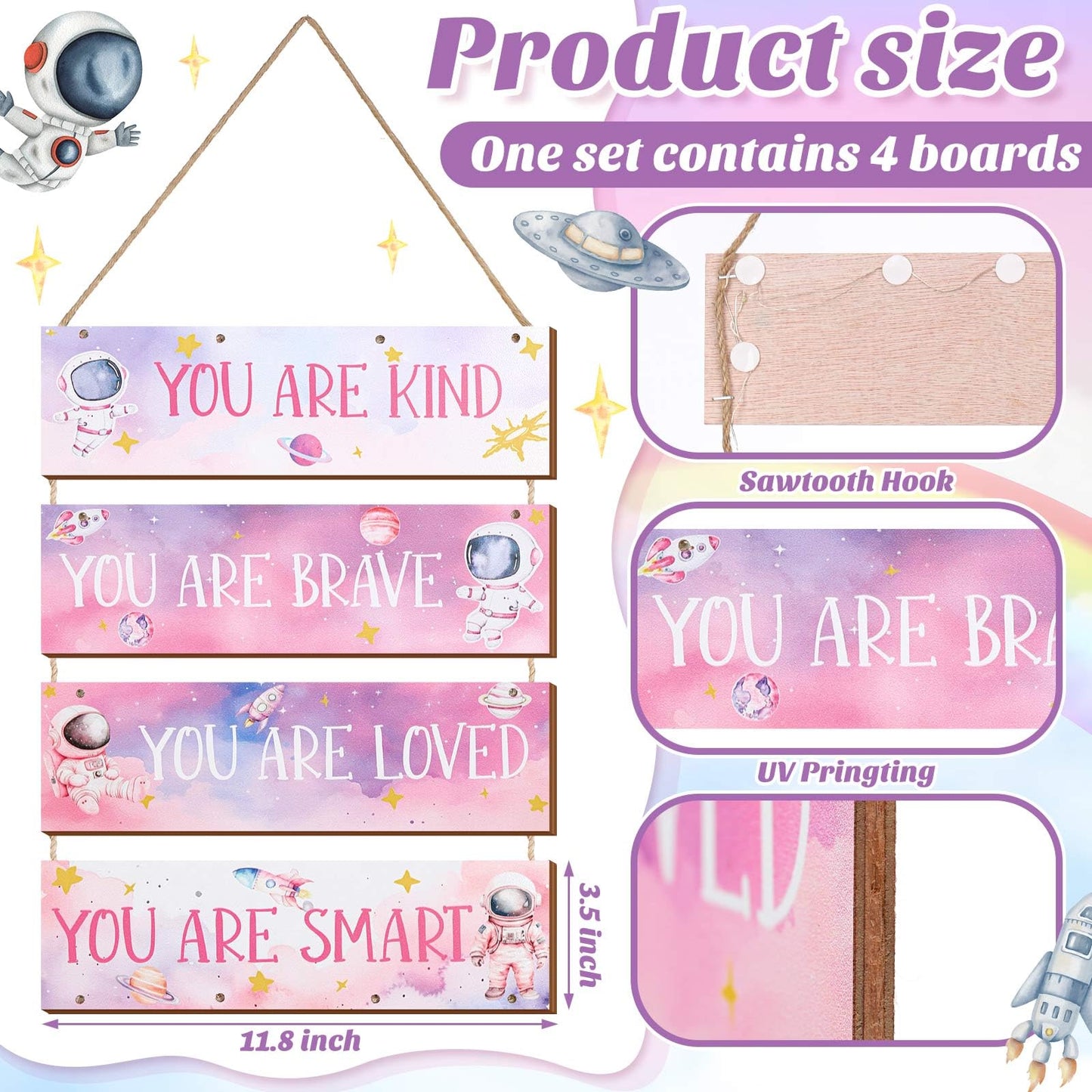 4 Pcs Space Room Decor for Kids Girls Pink Space Wall Art Bedroom Decor with Light and Remote Nursery Classroom Astronaut Galaxy Posters Spaceman Wood Sign Be Brave and Be Kind for Baby Girls