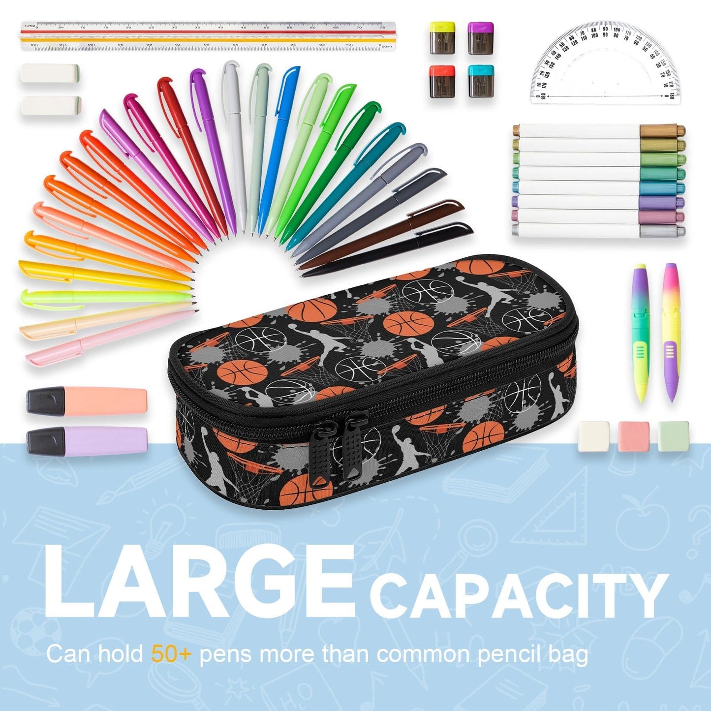Basketball Large Pencil Case Big Capacity Pencil Pouch for Boys Girls Teen Women Men Adult, Portable Kids Pencil Bag with Zipper, Stationery Storage Pen Bag for School Supplies Office Organizer