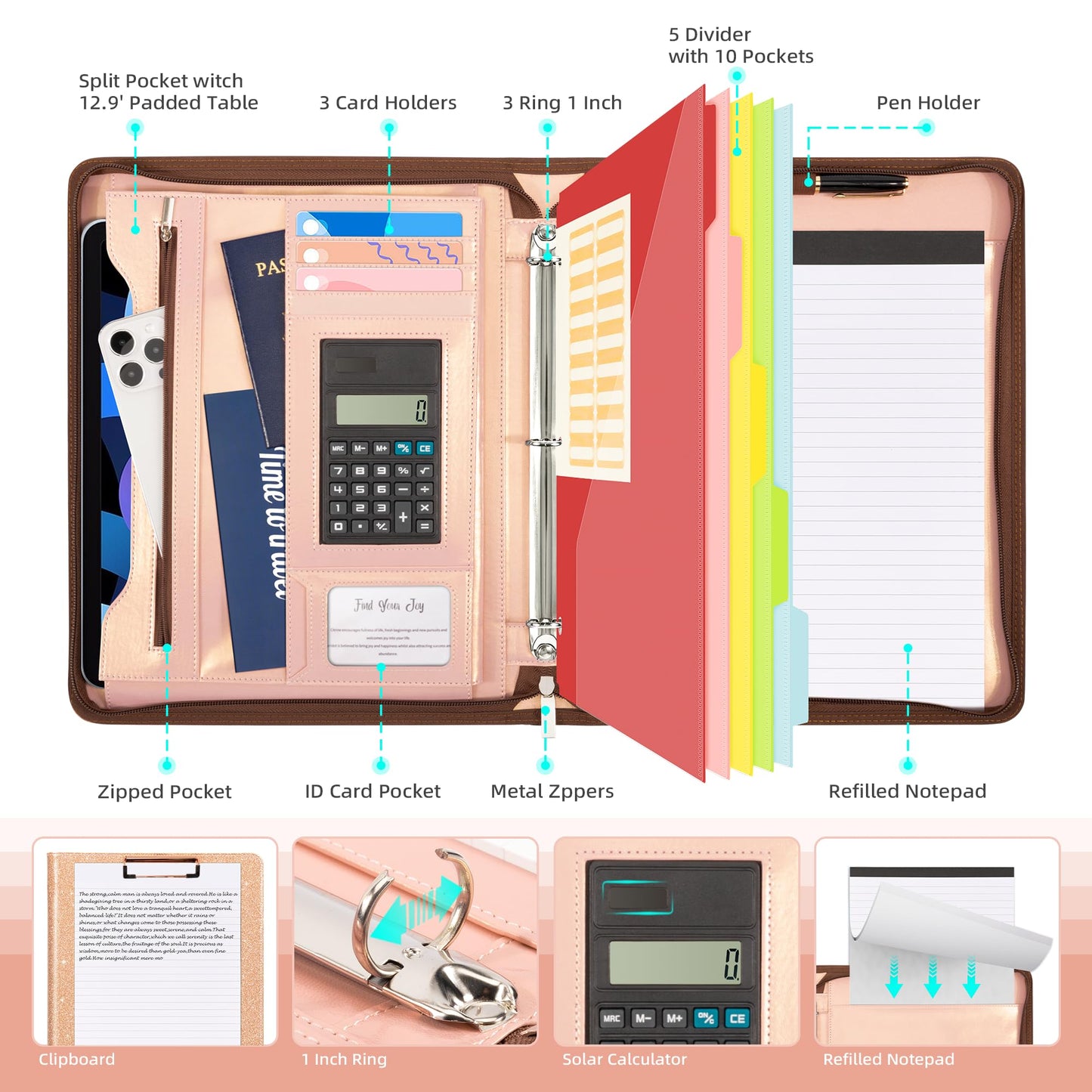 Ospelelf Clipboard with Storage, 3 Ring Binder with Zipper, Leather Padfolio Portfolio Folder, Calculator, 12.1” Tablet Sleeve, 5 Dividers with Pocket|Refillable Notepad, Card Slot (Rose Gold)