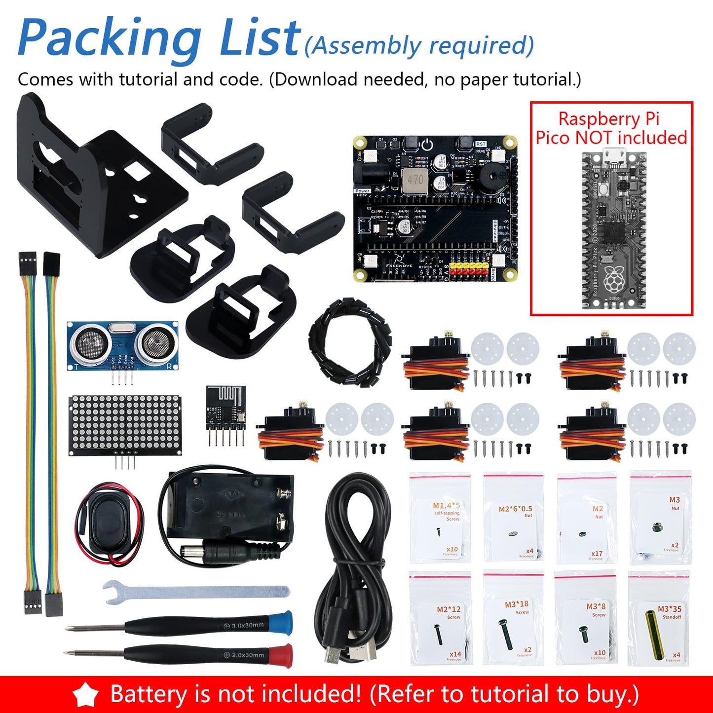 Freenove Bipedal Robot Kit for Raspberry Pi Pico (Not Included) (Compatible with Arduino IDE), LED Matrix Expressions, Obstacle Avoidance, Colorful Lights, Buzzer, Speaker, App