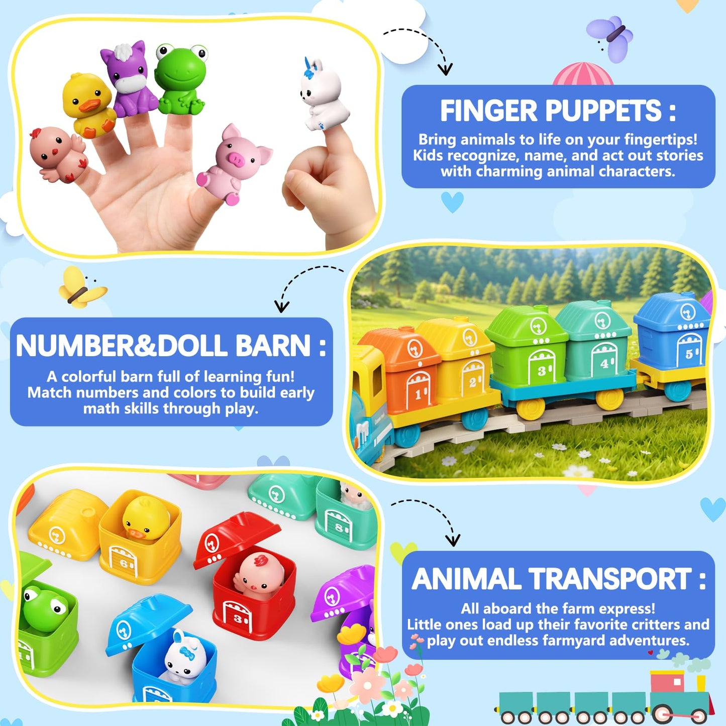 Train Set Toy for Toddlers 1-3, Montessori Learning Matching & Sorting Toys for 1 2 3 Year Old, Electric Train with Farm Animals Finger Puppets, Christmas Birthday Gift for Boys Girls (Blue)