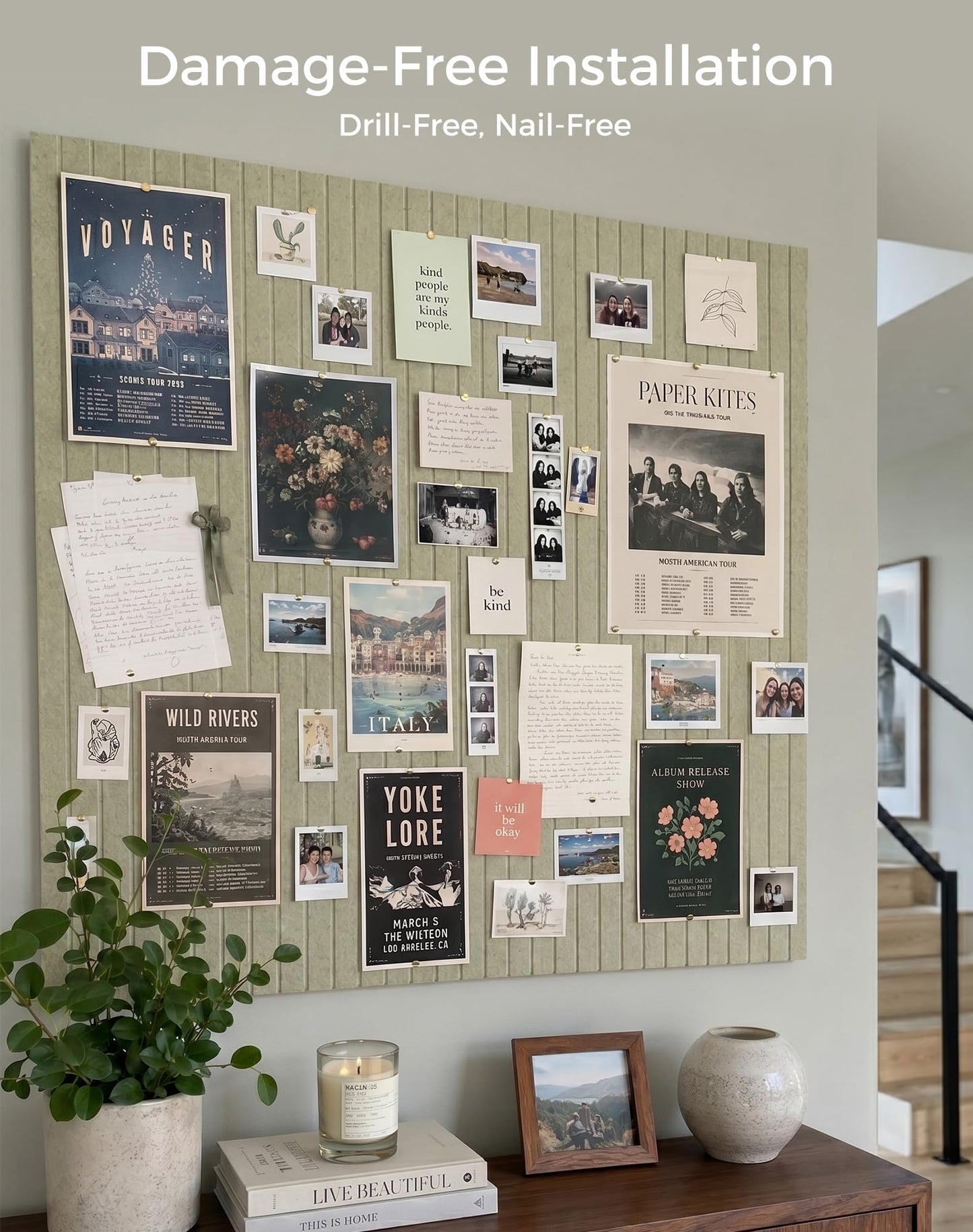 Aothia 12-Pack Felt Bulletin Board Tiles 48"x36", Modular Pin Board for Smooth Walls, Cork Board Alternative for Notes & Photos, 0.35" Thick, 70 Adhesive Tabs & 40 Pins, Sage Green