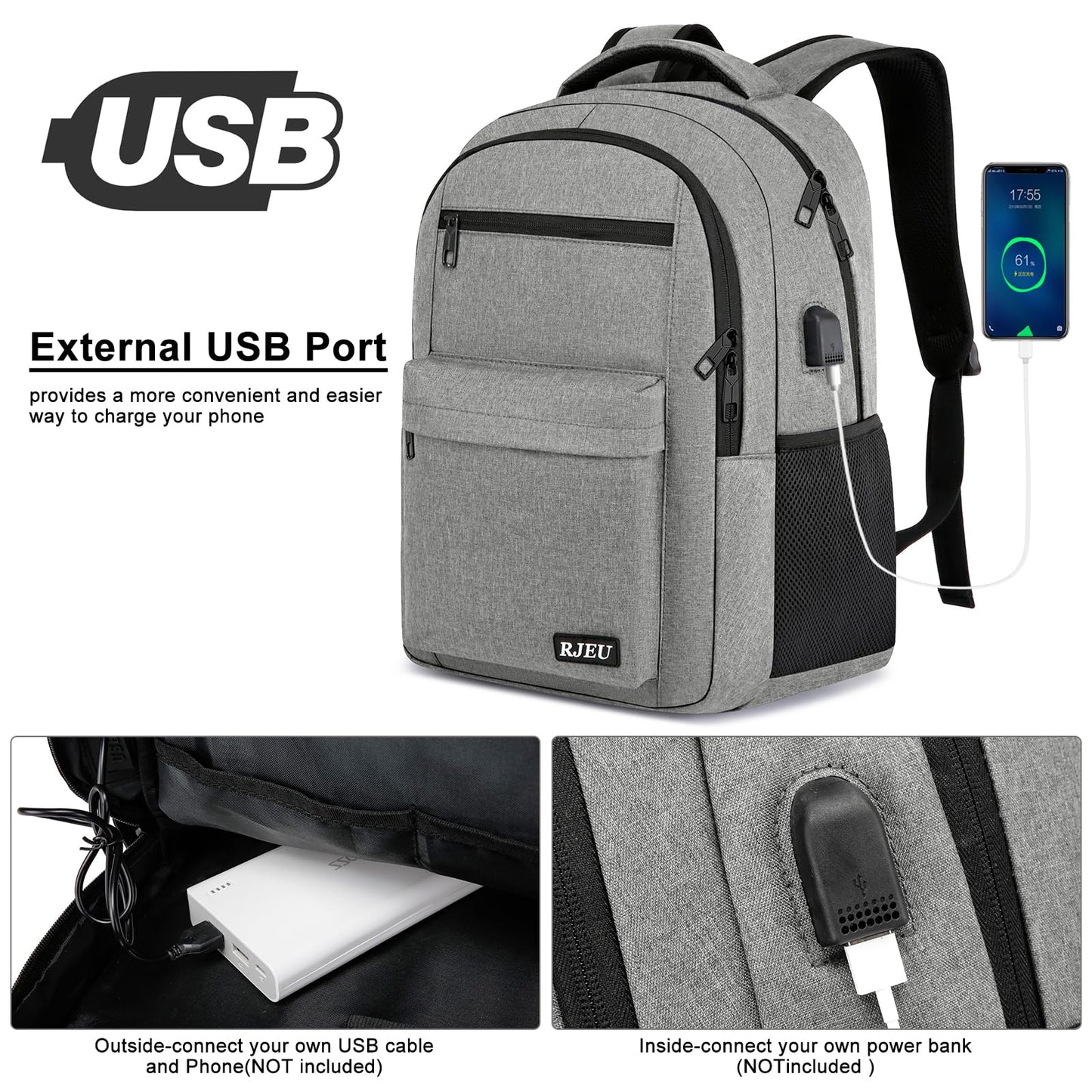 RJEU School Backpack for Teen Boys & Girls Students, 15.6 Inch Laptop Backpack with USB Charging Port - College Business Travel Bookbag, Grey