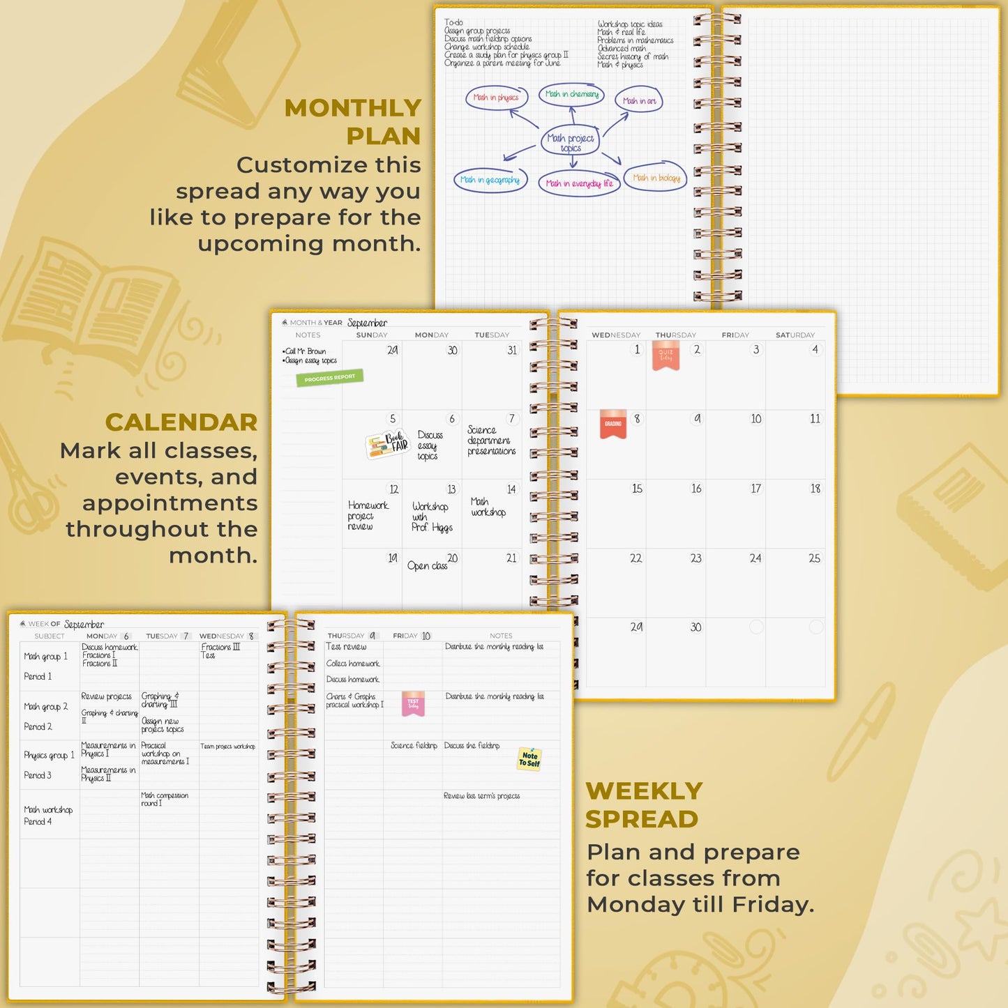 Clever Fox Teacher Planner Spiral – School Year Planner with Calendars & Lesson Plans – Teacher Plan Book for Classroom & Homeschool Organization - Undated, 7.9x10″ (Amber Yellow)
