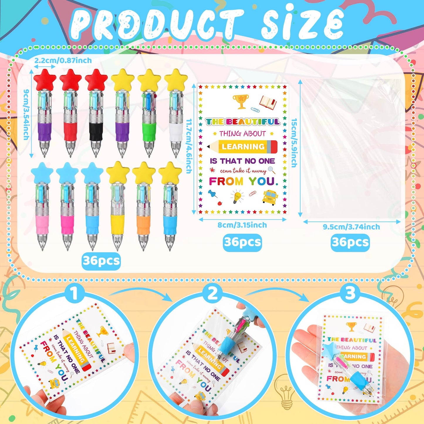 Resurhang 36 Set Back to School Gifts for Student Star 4-in-1 Ballpoint Pen with Motivational Card Clear Gift Bag Star Ballpoint Bulk for First Day of School Party Favor Teacher Rewards Event