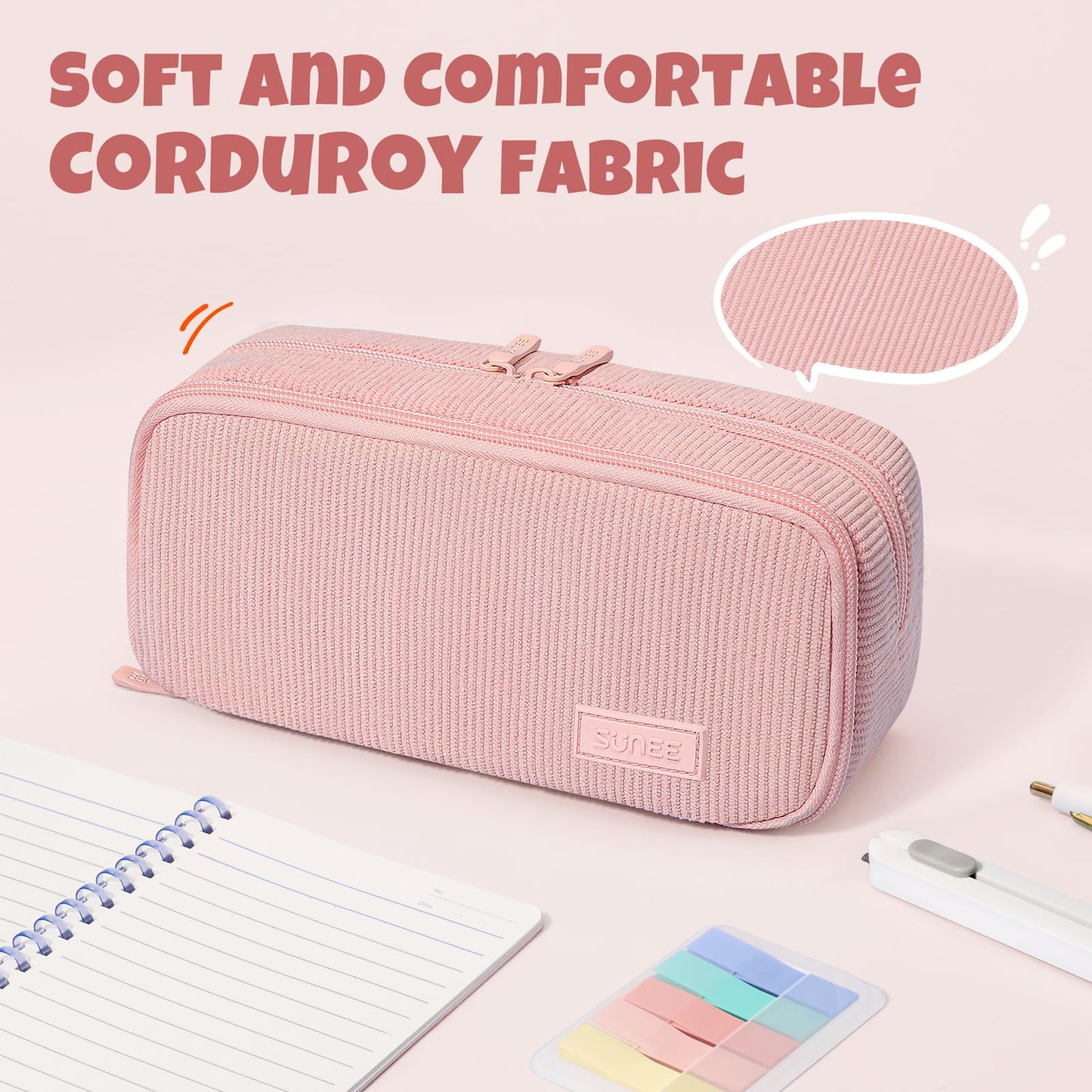 SUNEE Pencil Case, Large Capacity Pencil Pouch, Aesthetic Big Pen Bag, Soft Corduroy Pen Box for Office Stationery Organizer School Supplies Multifunctional for Teen Boys Girls Women Men, Soft Pink
