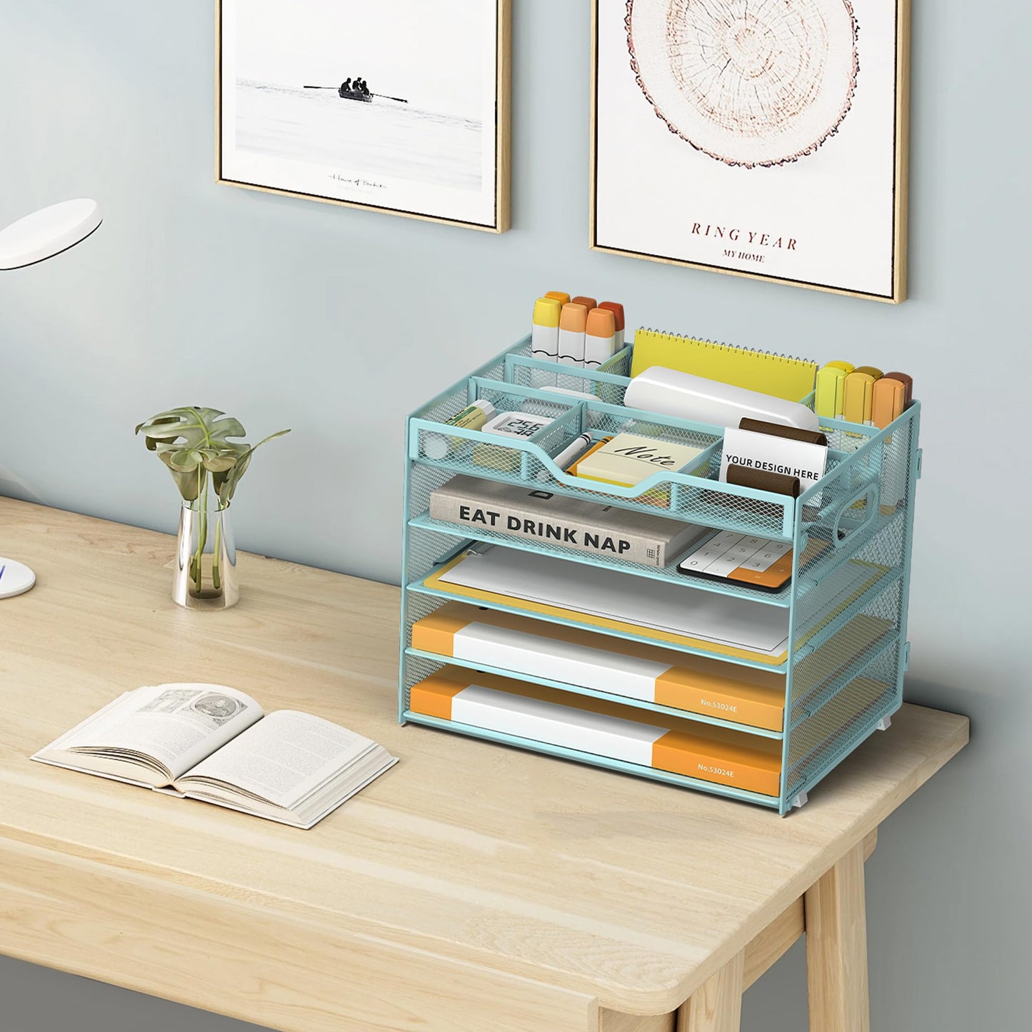 OrgMate 5 Tier Paper Letter Tray with 3 Drop-in Pen Holders, Mesh Desk File Organizer with Handle, Desk Organizers and Accessories for School,Home, Office Supplies Storage-Blue