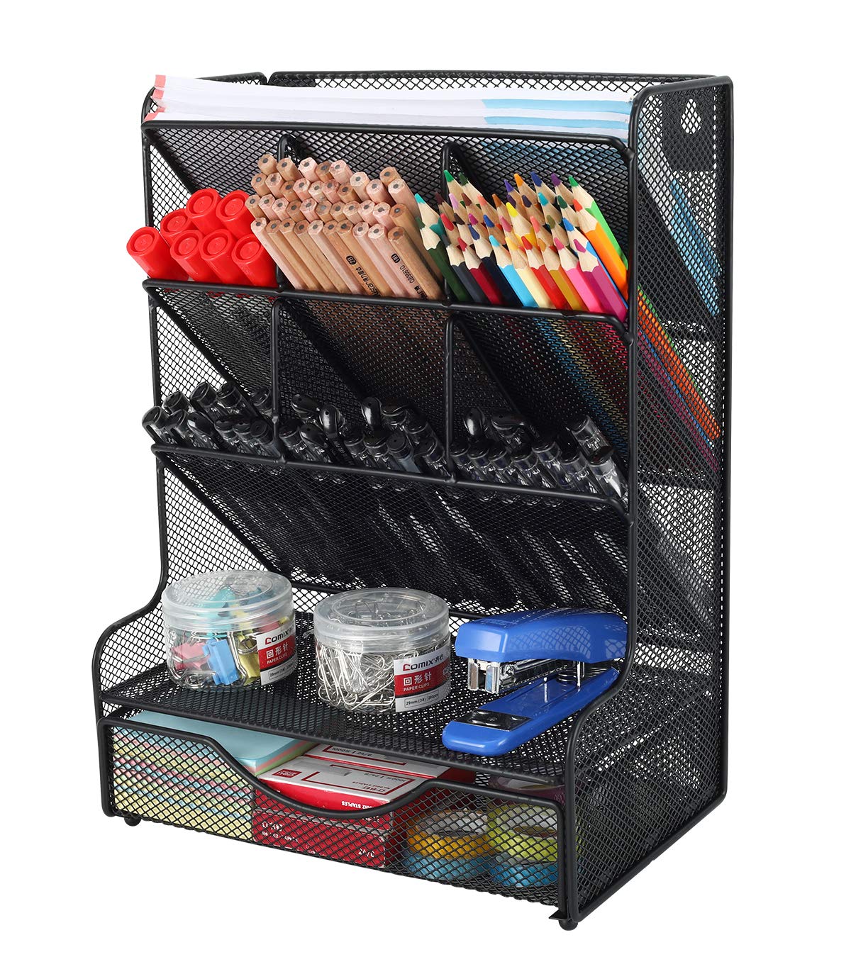 PAG Desk Organizer with Drawer Office Supplies and Accessories Storage Caddy Hanging Wall Shelf Metal Mesh Pencil Holder for Kids, 9 Compartments, Black