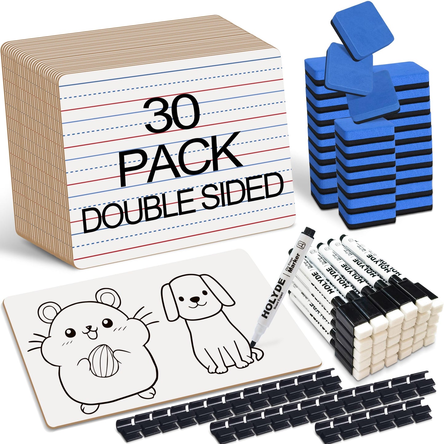 Set of 30 Dry Erase Boards, Double Sided Small Whiteboards with Lines for Kids, Students, Teacher & Classroom Pack, 9"x12" Mini Individual White Boards Lined for Writing with 30 Markers, 30 Erasers