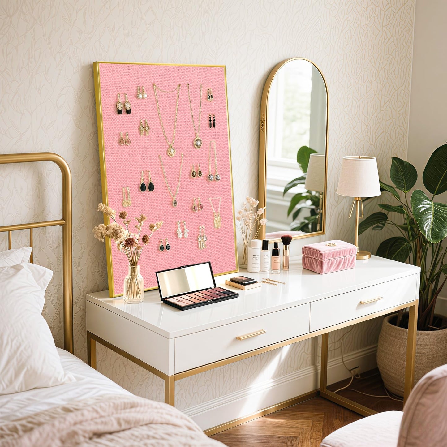 QUEENLINK Linen Bulletin Board 36" x 24", Fabric Pin Board with Gold Aluminum Frame, Decorative Vision Board for Home Office, Bedroom & Dorm Wall Decor, Includes 10 Push Pins, Pink