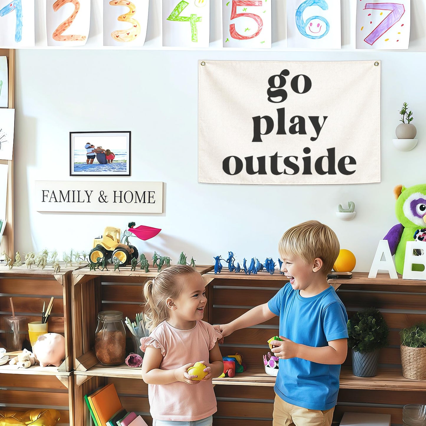 Nursery Rectangular Canvas Banner Wall-Hanging Flag Wall Art Decor for Baby Boy Girl,Kids Room Playroom Bedroom Game Room Kindergarten Decor,Birthday Christmas Gift-Go Play Outside-28.5"L×20"W