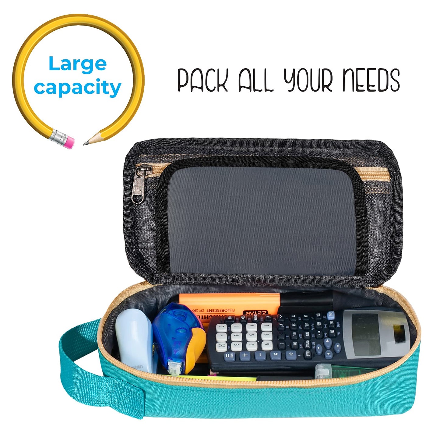 ECHSRT Large Pencil Case, Aesthetic Pen Pouch with Big Capacity, Minimalist Portable Stationery Bag with Handle for Office Organizer Teal Pencil Cases
