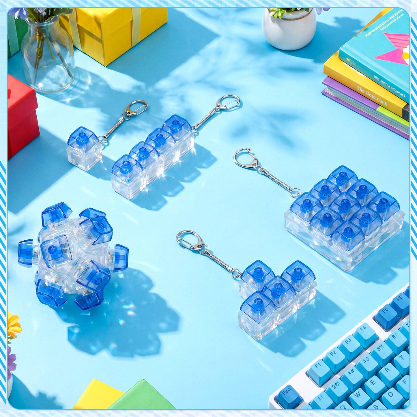 Halloscume 5 Pcs Keyboard Adult Fidget Clicker in 5 Styles Keyboard Fidget Keychain Cube Mechanical Key Button Clicker Stress Relief Gift for Office Home Pass Time(Transparent Blue)