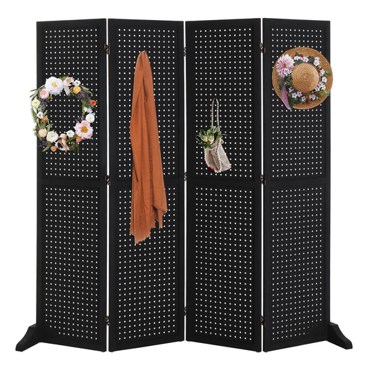 Bonnlo 4 Panel Pegboard Freestanding, 5 FT Portable Display Board Organizer for Craft Show Jewelry, Wooden Folding Privacy Screen Room Divider (with Base, Black)