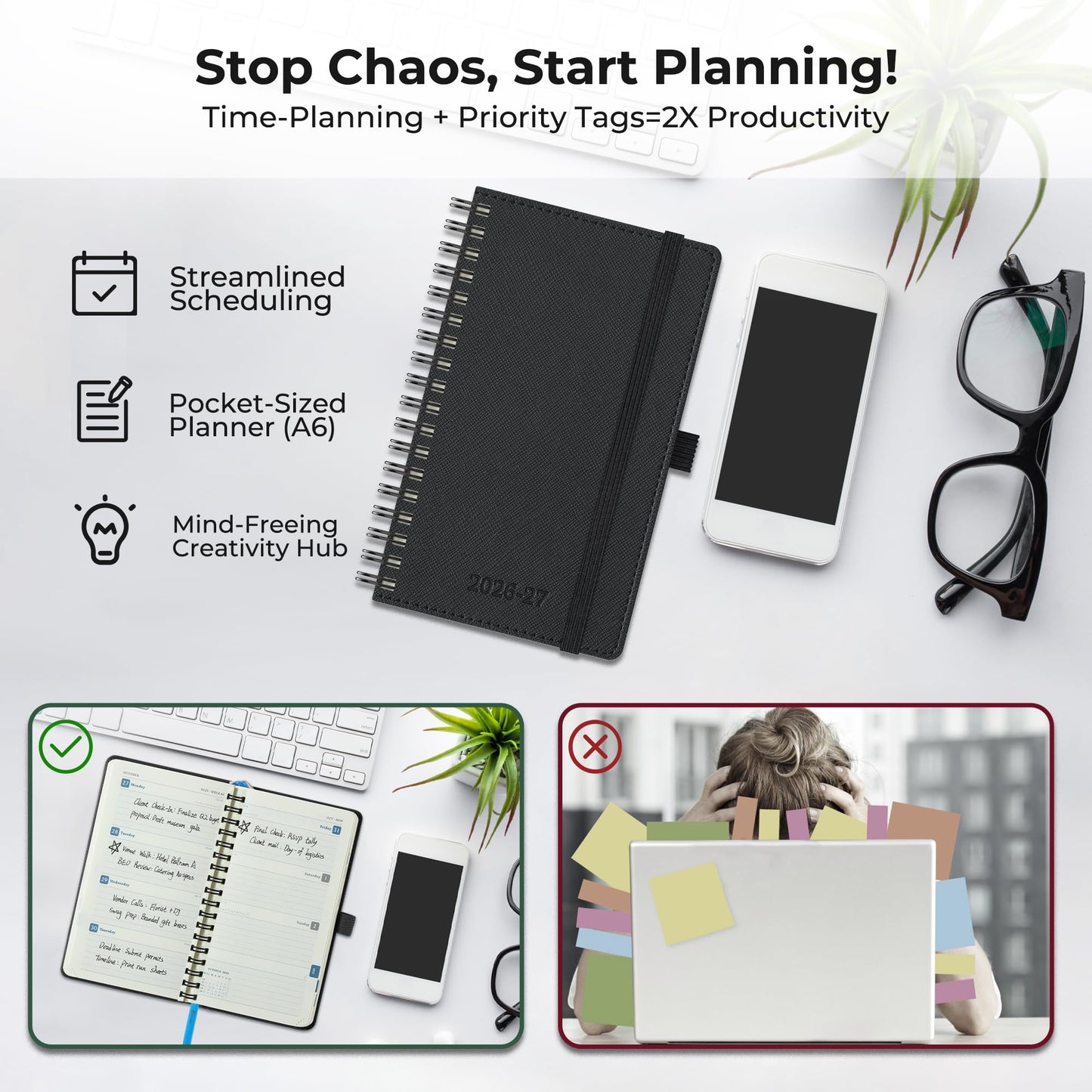 IN-LUXPRO Planner 2026-2027 Daily Weekly and Monthly,6.5"x3.75",18 Months Spiral Bound Calendar Agenda with Self-adhesive Pen Holder,2026 Academic Plan with Vegan Leather Soft Cover,Black