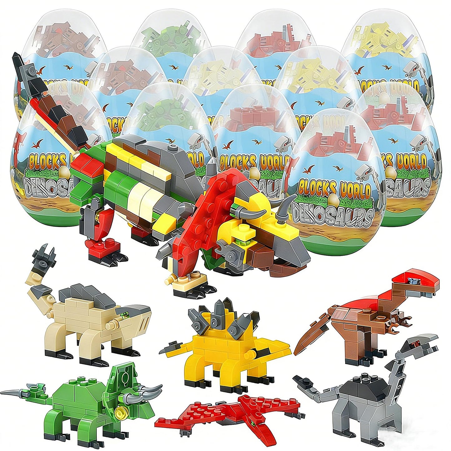 auryee 12PCS Pre Filled Easter Eggs Dinosaurs Party Favors Party Supplies Building Blocks Mini Animal Educational Toy Stacking Block Sets Science STEM Gift for Boys & Girls Kids Age 6+