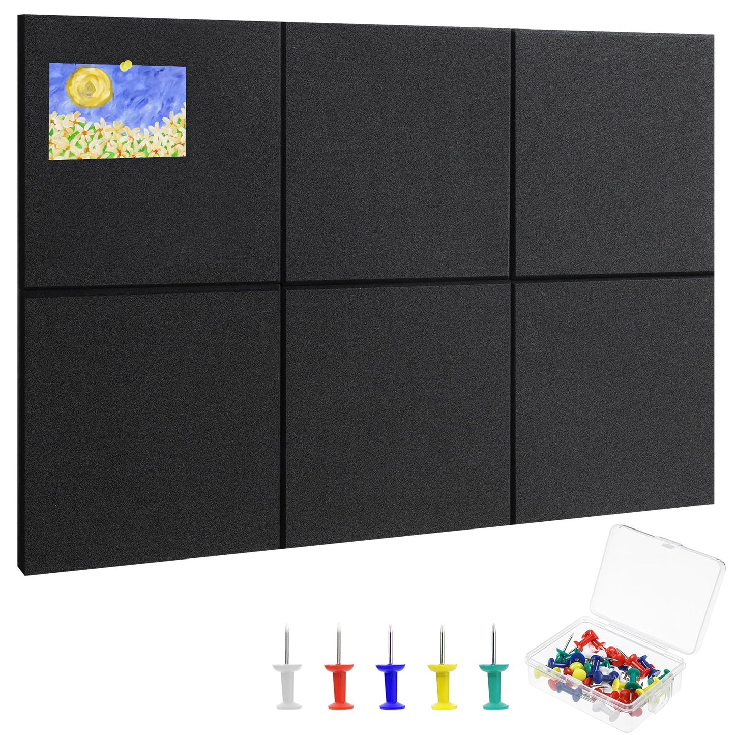 Large Cork Board 28" x 19", 6 Pack Felt Bulletin Board with Pushpins, Cork Boards Alternative with Self-Adhesive Strips, Felt Wall Tiles Pin Boards for Walls Office Home School Decor-Black