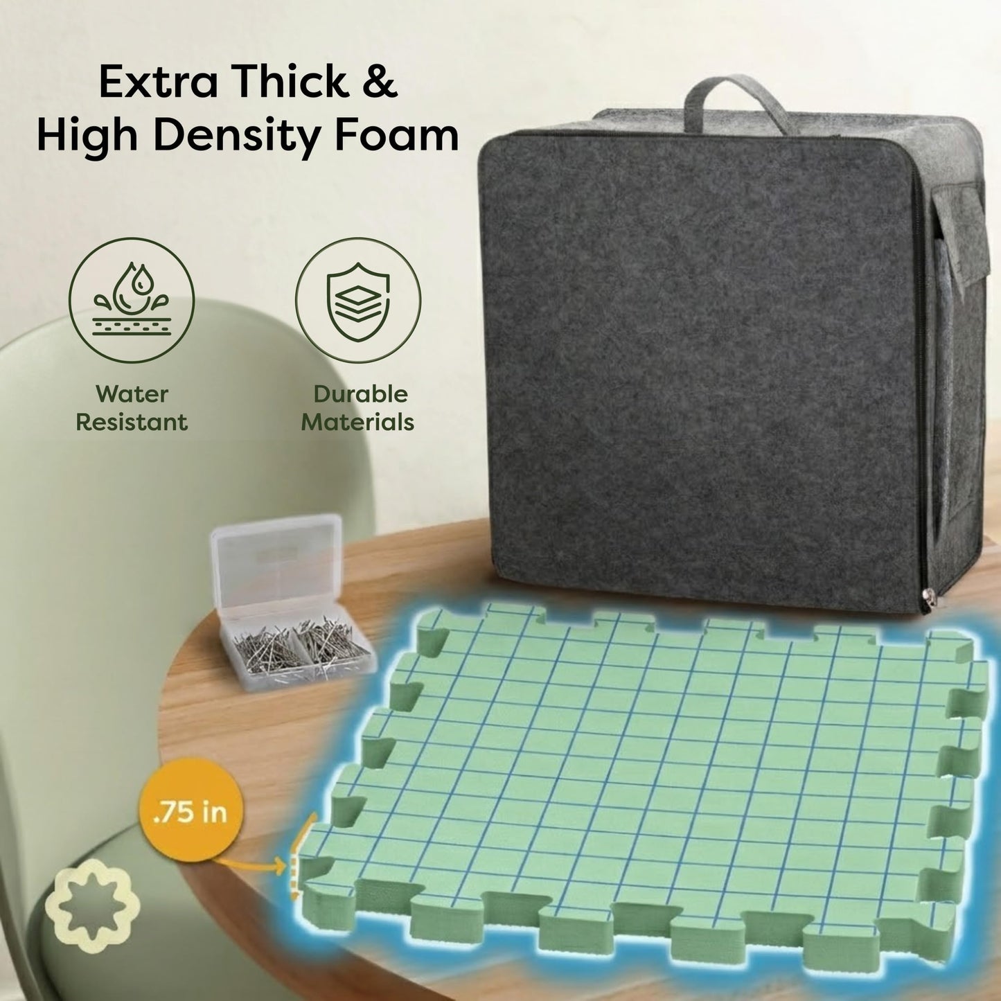 Unordinary Granny Crochet Blocking Board Set – 9 Extra Thick Interlocking Mats with Grid, 150 T-Pins, Felt Storage Bag and Cotton Pouch (Sage Green)
