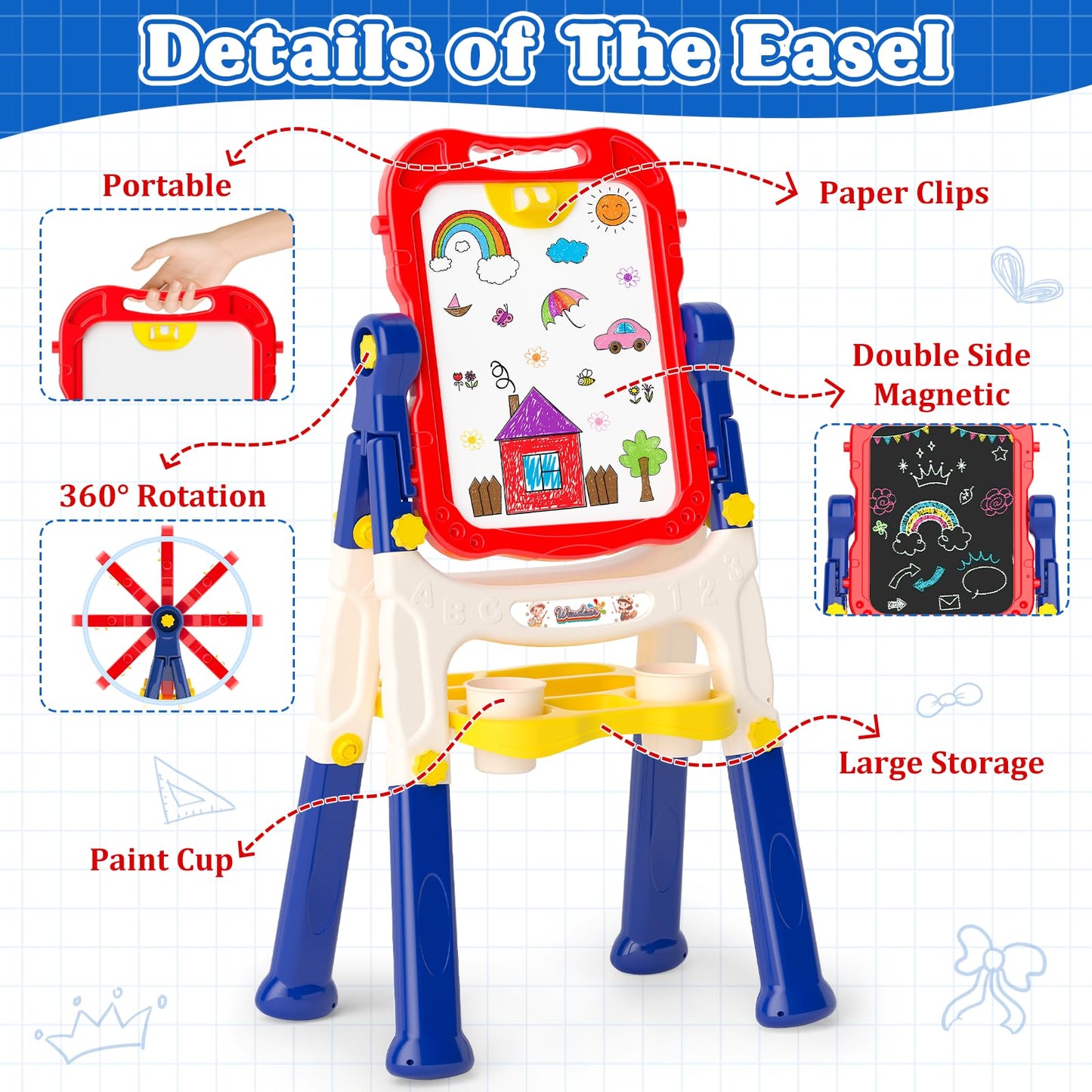 Chalk Board Easel for Kids Toys,Double-Sided Magnetic Kids Chalkboard and Dry Erase Boards,Toddler Toys for 3 Year Old Boy Gift,Art Easel Learning Educational Toy for 3 4 5 Years Old Boys Gift