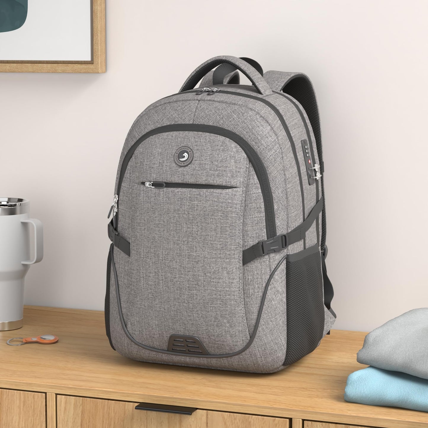 SHRRADOO Anti Theft Laptop Backpack Travel Backpacks with Combination Lock for Women Men College Backpack Computer Bag Fits 17 Inch Laptop,Grey